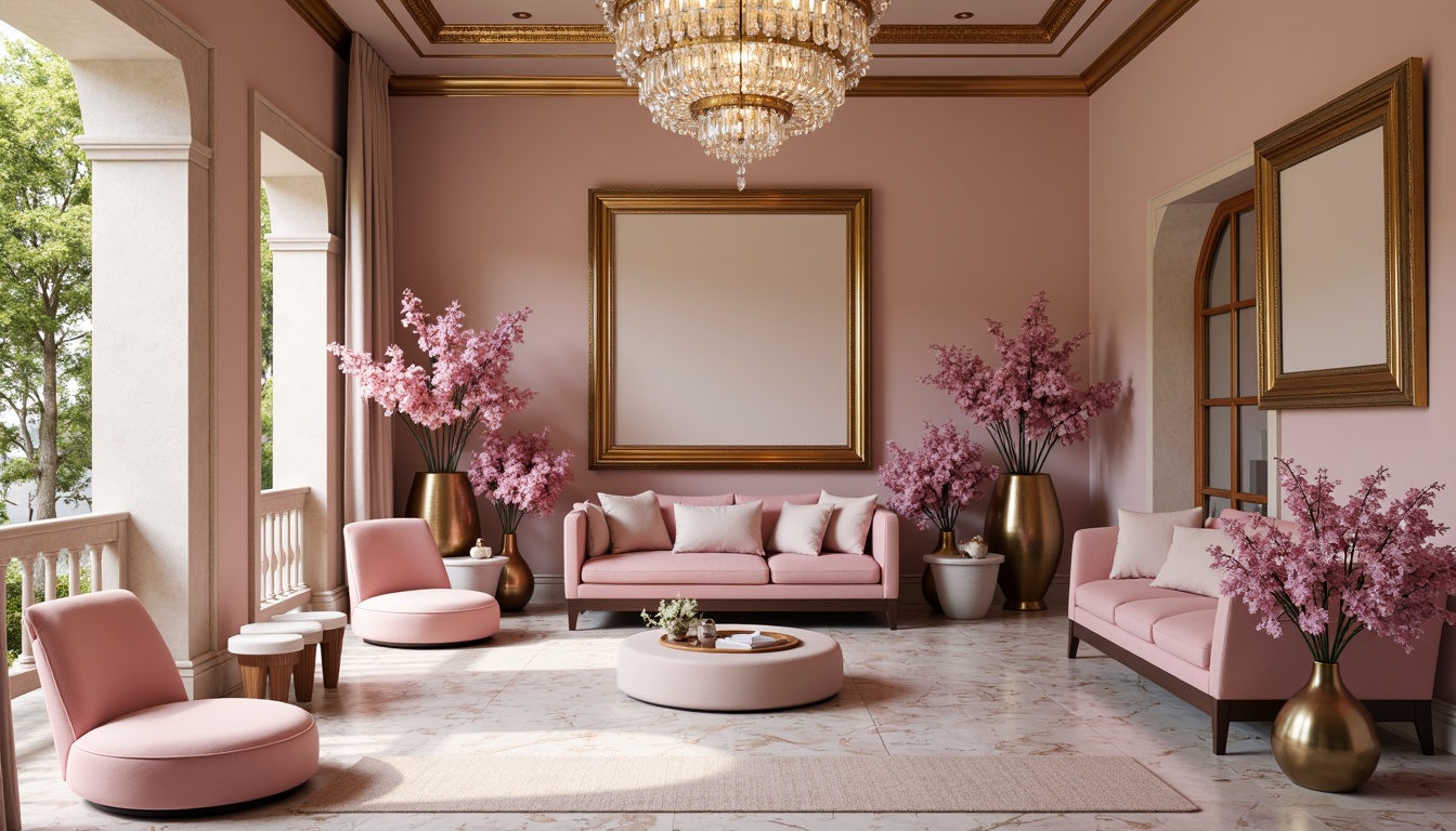 Prompt: Elegant orchid tone inspired interior, soft blush hues, delicate petal-like accents, luxurious velvet fabrics, ornate golden frames, refined crystal chandeliers, subtle sheen on metallic surfaces, warm beige backgrounds, sophisticated marble textures, lavish flower arrangements, softbox lighting, 1/1 composition, intimate atmosphere, realistic reflections, ambient occlusion.