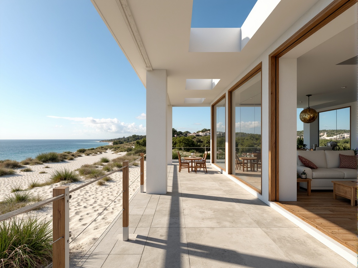 Prompt: Seaside villa, oceanfront property, large windows, sliding glass doors, open-plan living areas, high ceilings, clerestory windows, skylights, reflective white walls, polished concrete floors, minimal ornamentation, rustic wooden accents, nautical decor, sandy dunes, beachy landscape, clear blue sky, sunny day, soft warm lighting, shallow depth of field, 3/4 composition, panoramic view, realistic textures, ambient occlusion.