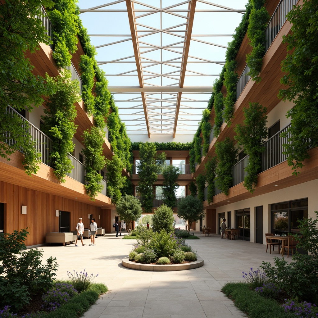 Prompt: Spacious atrium, lush green walls, natural light filtering, warm wood accents, modern minimalist interior, open floor plan, high ceilings, clerestory windows, solar tubes, cross ventilation, air circulation systems, energy-efficient design, sustainable building materials, eco-friendly finishes, comfortable indoor climate, soft diffused lighting, 1/1 composition, realistic textures, ambient occlusion.