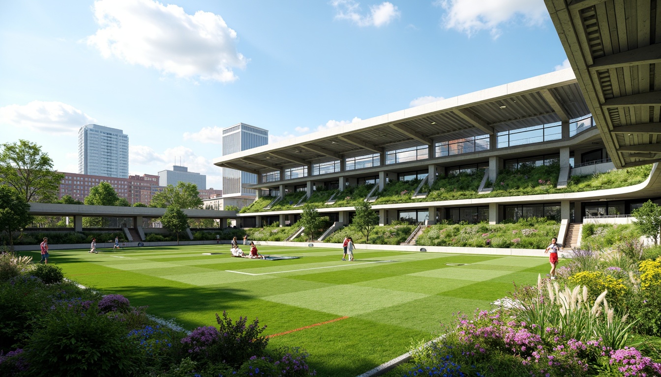 Prompt: Eco-friendly football stadium, lush green roofs, rainwater harvesting systems, solar-powered floodlights, wind turbines, recycled materials, minimalist design, natural ventilation, open-air concourses, living walls, urban agriculture, biodiversity conservation, energy-efficient LED lighting, low-carbon emissions, sustainable transportation systems, green parking spaces, eco-label certified building materials, innovative waste management, circular economy principles, futuristic architecture, angular lines, metallic structures, dynamic shading devices, panoramic views, realistic textures, ambient occlusion.