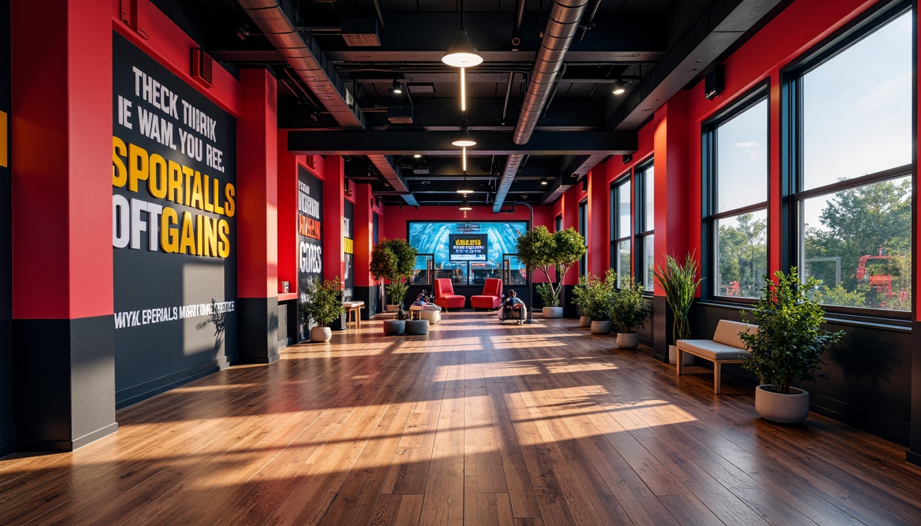 Prompt: Vibrant gym interior, bold color scheme, energetic atmosphere, sports-themed murals, motivational quotes, polished wood flooring, metallic equipment accents, neon-lit signs, industrial-style lighting, high-contrast shadows, dynamic composition, shallow depth of field, realistic textures, ambient occlusion.