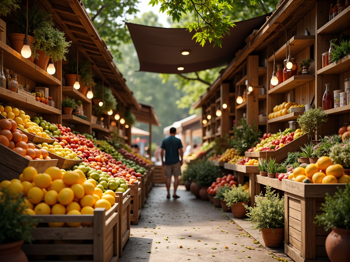 Prompt: Vibrant marketplace, fresh produce stands, colorful fruit arrangements, lively vendor stalls, rustic wooden crates, earthy terracotta planters, warm beige shelves, rich brown wood accents, soft golden lighting, 3/4 composition, shallow depth of field, realistic textures, ambient occlusion.