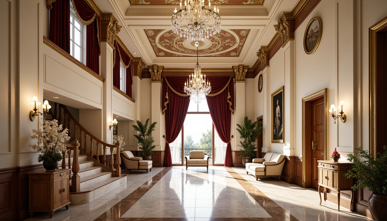 Prompt: Opulent neoclassical mansion, grand entrance halls, sweeping staircases, crystal chandeliers, marble floors, intricate moldings, gilded accents, velvet drapes, ornate furnishings, rich wood paneling, high ceilings, symmetrical compositions, soft warm lighting, realistic textures, ambient occlusion, 1/1 composition, shallow depth of field, elegant color palette, creamy whites, rich golds, deep reds.