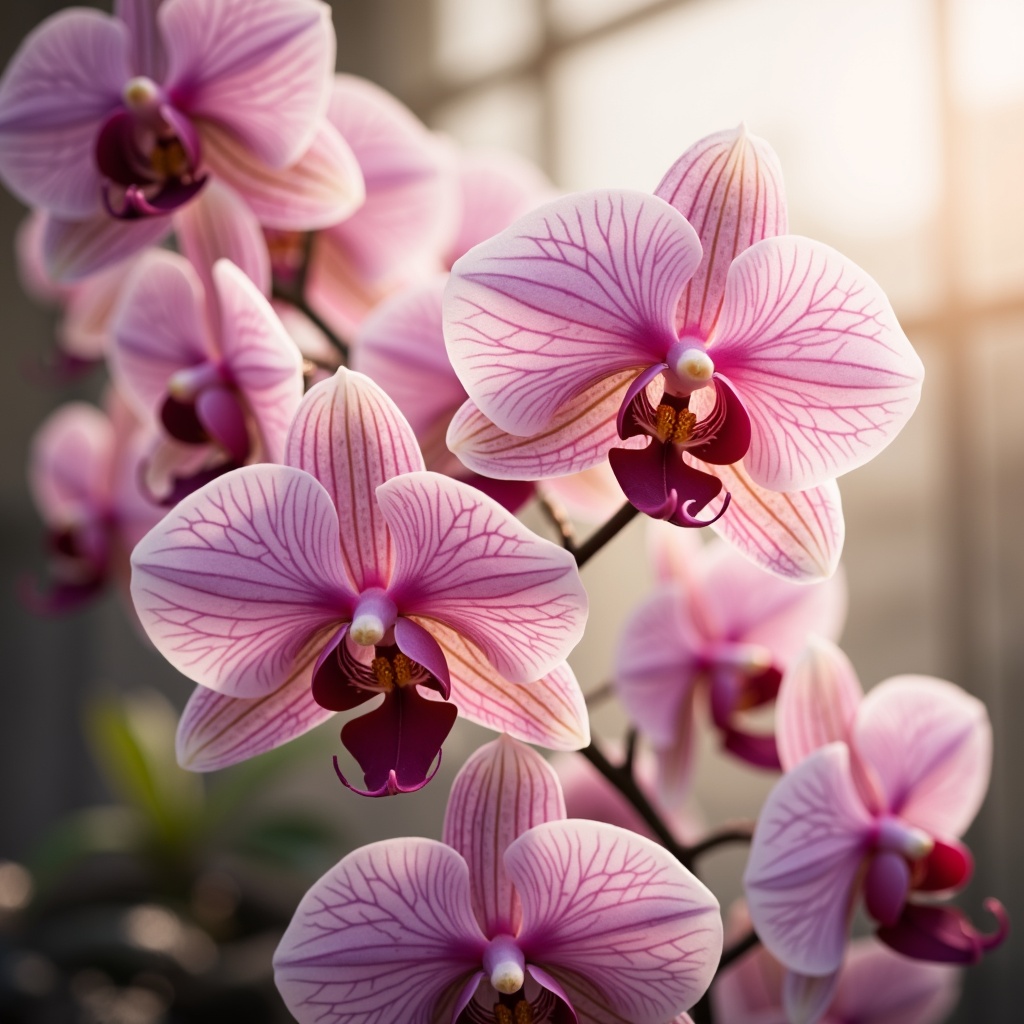 Prompt: Elegant orchid flowers, soft pastel hues, delicate petals, gentle gradient transitions, luxurious velvet textures, rich jewel tones, subtle gold accents, whimsical illustrations, dreamy ethereal atmosphere, warm natural light, shallow depth of field, 1/1 composition, realistic renderings, ambient occlusion.