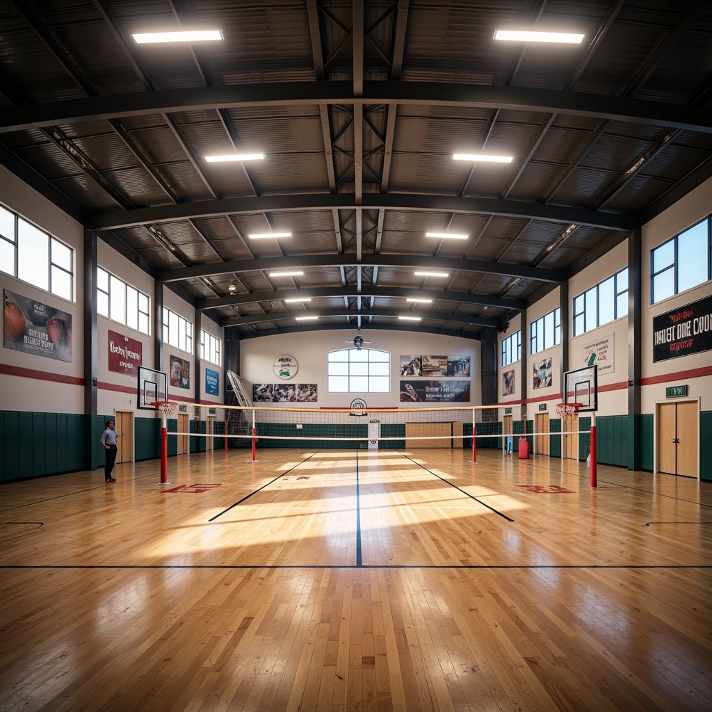 Prompt: Modern gymnasium interior, high ceilings, polished wooden floors, sports equipment, basketball hoops, volleyball nets, athletic tracks, motivational quotes, natural light pouring in, soft warm lighting, indirect overhead lighting, LED strips, color-changing ambient lights, dynamic spotlights, 3/4 composition, panoramic view, realistic textures, ambient occlusion.