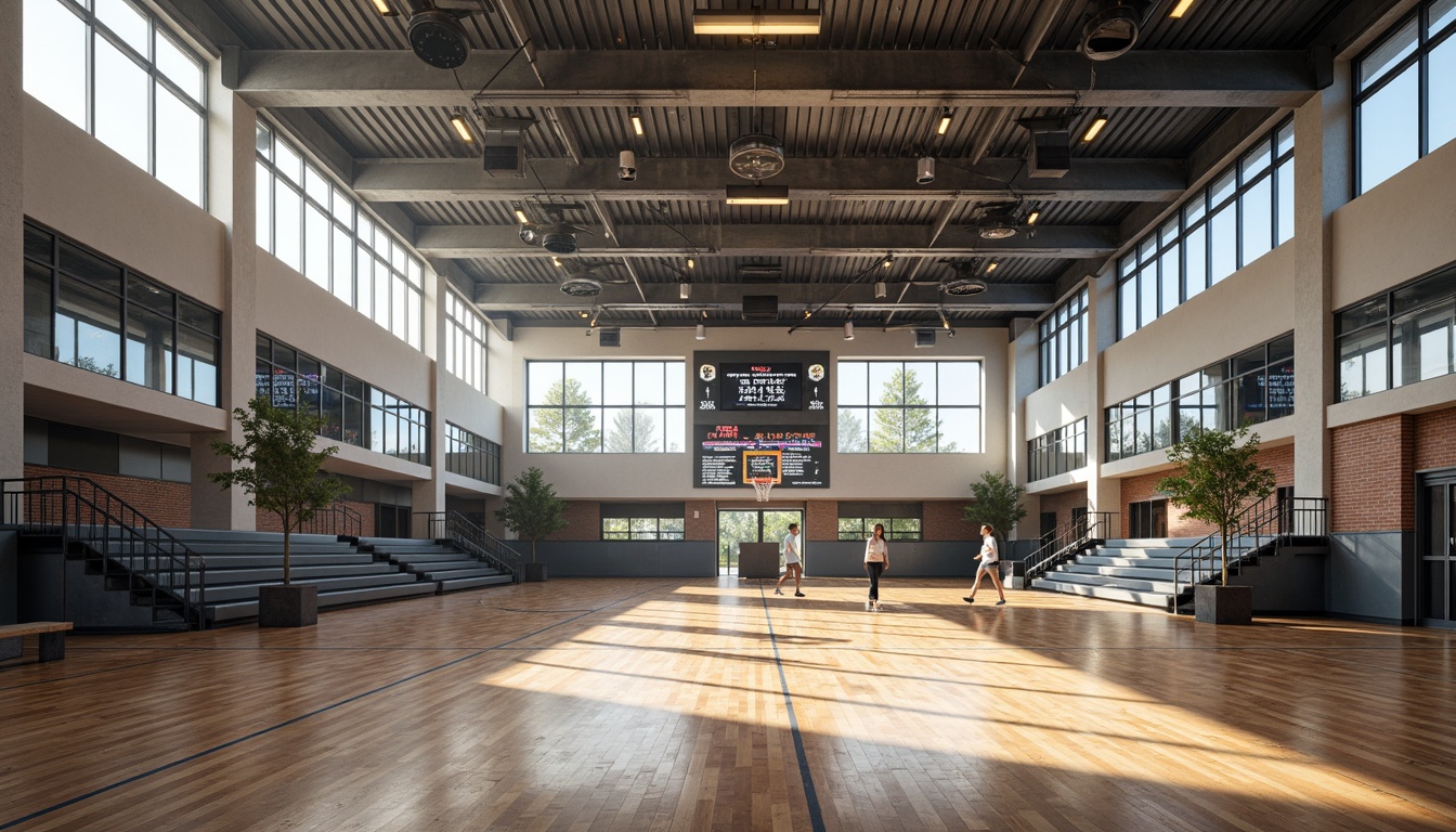 Prompt: Modern gymnasium interior, polished wooden floors, mirrored walls, professional sports equipment, basketball hoops, volleyball nets, athletic tracks, rubberized surfaces, metal frameworks, retractable bleachers, LED scoreboards, sound systems, natural ventilation, abundant daylight, softbox lighting, high-contrast colors, dynamic textures, shallow depth of field, 1/2 composition, realistic reflections, ambient occlusion.