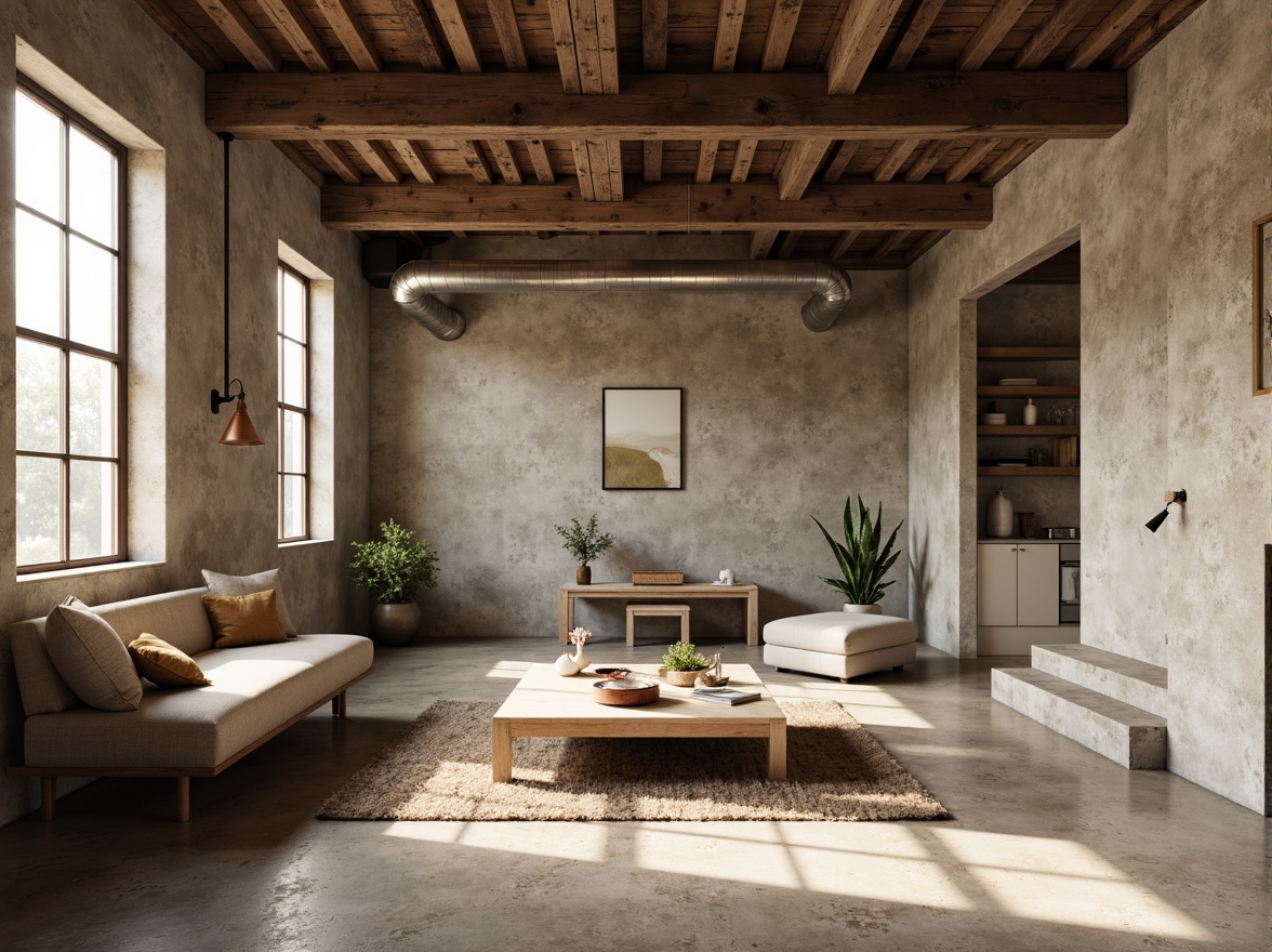 Prompt: Rustic plastered concrete walls, earthy tone, rough texture, industrial aesthetic, modern minimalist design, urban loft atmosphere, reclaimed wood accents, metal beams, exposed ductwork, functional simplicity, natural ventilation, abundant daylight, soft warm lighting, shallow depth of field, 3/4 composition, realistic textures, ambient occlusion.