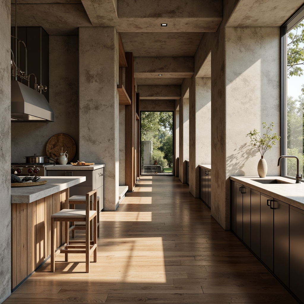 Prompt: Rustic plastered concrete walls, earthy tone, textured finishes, industrial chic aesthetic, modern minimalist decor, sleek metal accents, polished wooden floors, natural stone countertops, soft warm lighting, shallow depth of field, 3/4 composition, realistic textures, ambient occlusion.