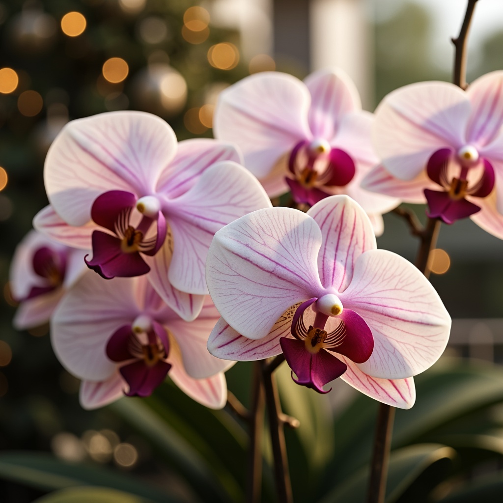 Prompt: Softly lit orchid flowers, delicate petals, pastel hues, creamy whites, rich berry tones, velvety texture, elegant curves, ornate details, refined gold accents, subtle gradient effects, warm ambient lighting, shallow depth of field, 1/2 composition, intimate close-up view, realistic renderings, detailed botanical illustrations.