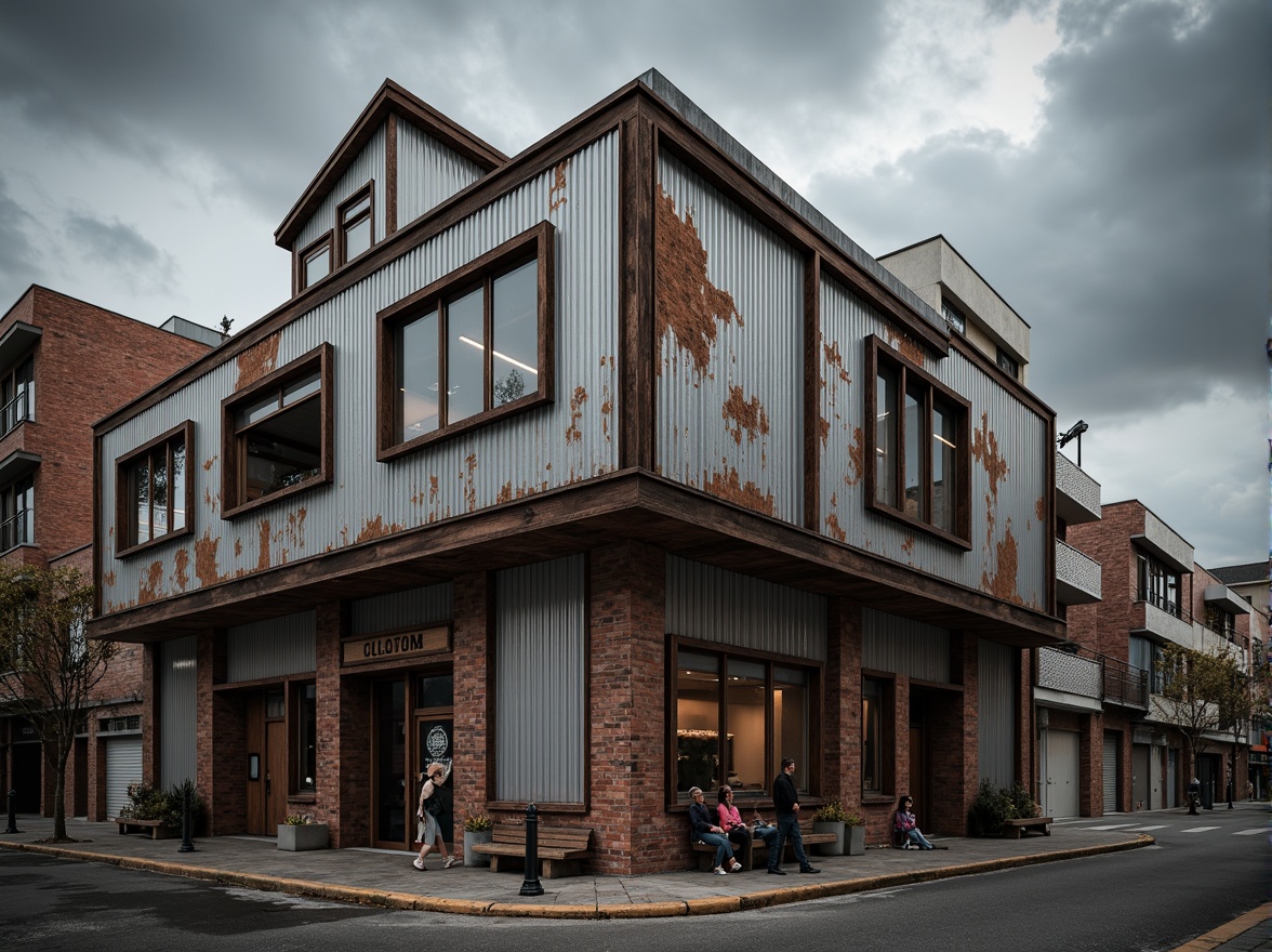 Prompt: Rustic industrial building, galvanized steel exterior walls, fire brick facade, distressed metal textures, weathered wooden accents, urban cityscape, cloudy grey sky, dramatic lighting, shallow depth of field, 1/1 composition, symmetrical view, gritty realistic render, high contrast ambiance.