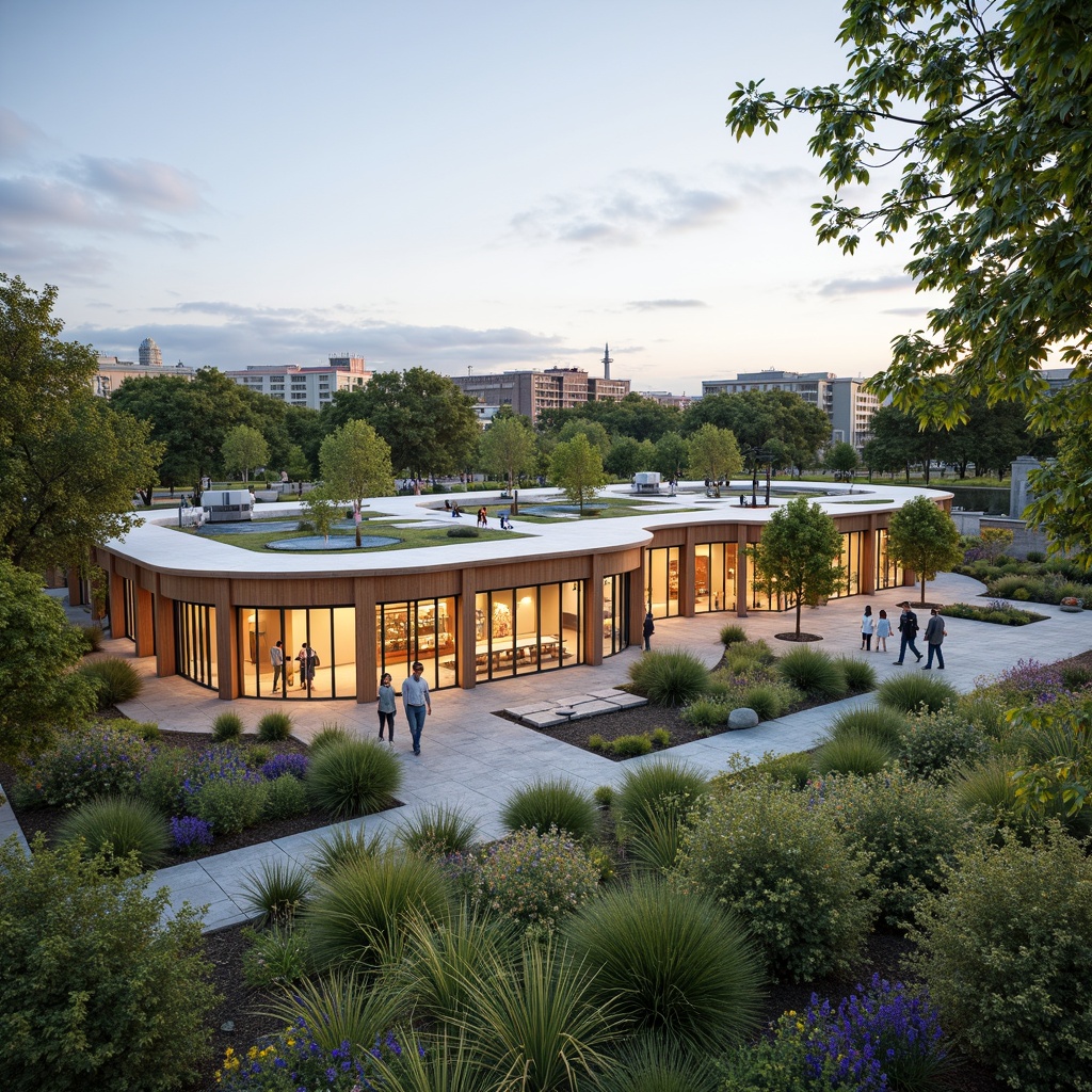 Prompt: Vibrant community center, natural materials, energy-efficient systems, green roofs, solar panels, rainwater harvesting, recycled glass walls, wooden accents, minimalist decor, open floor plans, flexible multipurpose spaces, abundant natural light, soft warm lighting, 3/4 composition, shallow depth of field, realistic textures, ambient occlusion, lush outdoor gardens, native plant species, walking trails, public art installations, educational signage, inclusive accessible design, wheelchair ramps, adaptive reuse, historic preservation, cultural sensitivity.