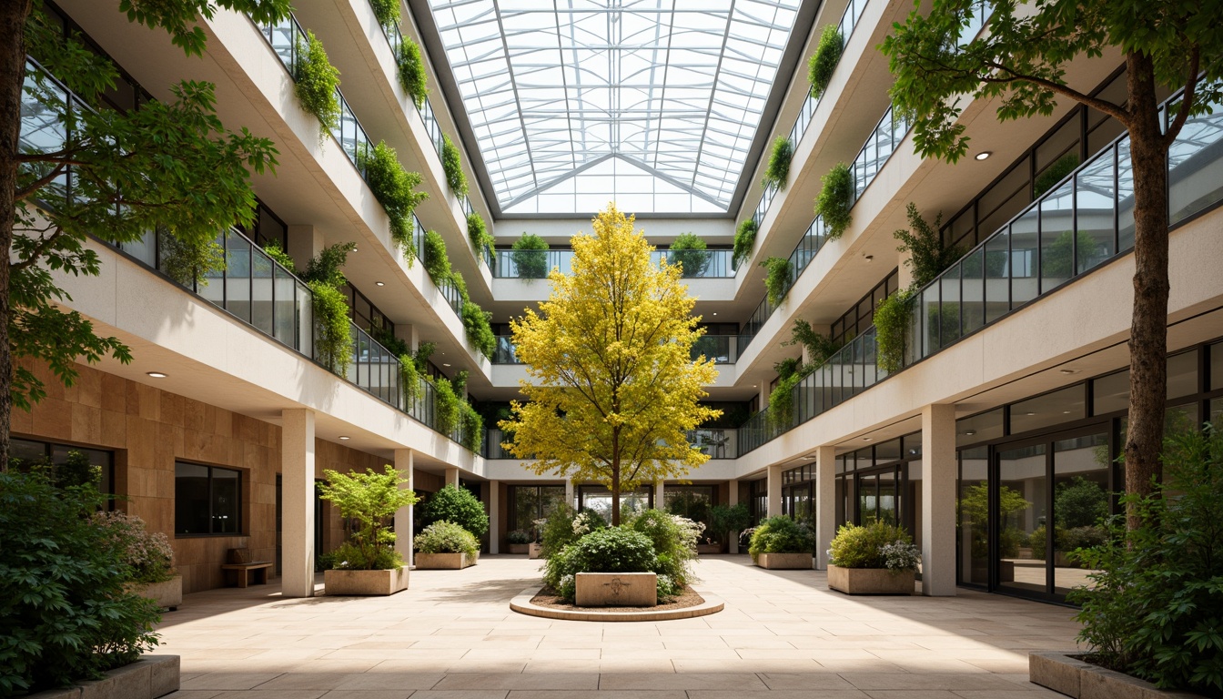 Prompt: Vibrant atrium, lush greenery, floor-to-ceiling windows, transparent glass roof, natural stone walls, earthy tone floors, minimalist decor, abundant skylights, clerestory windows, open floor plan, seamless transitions, warm beige colors, soft diffused lighting, 1/1 composition, shallow depth of field, realistic textures, ambient occlusion.