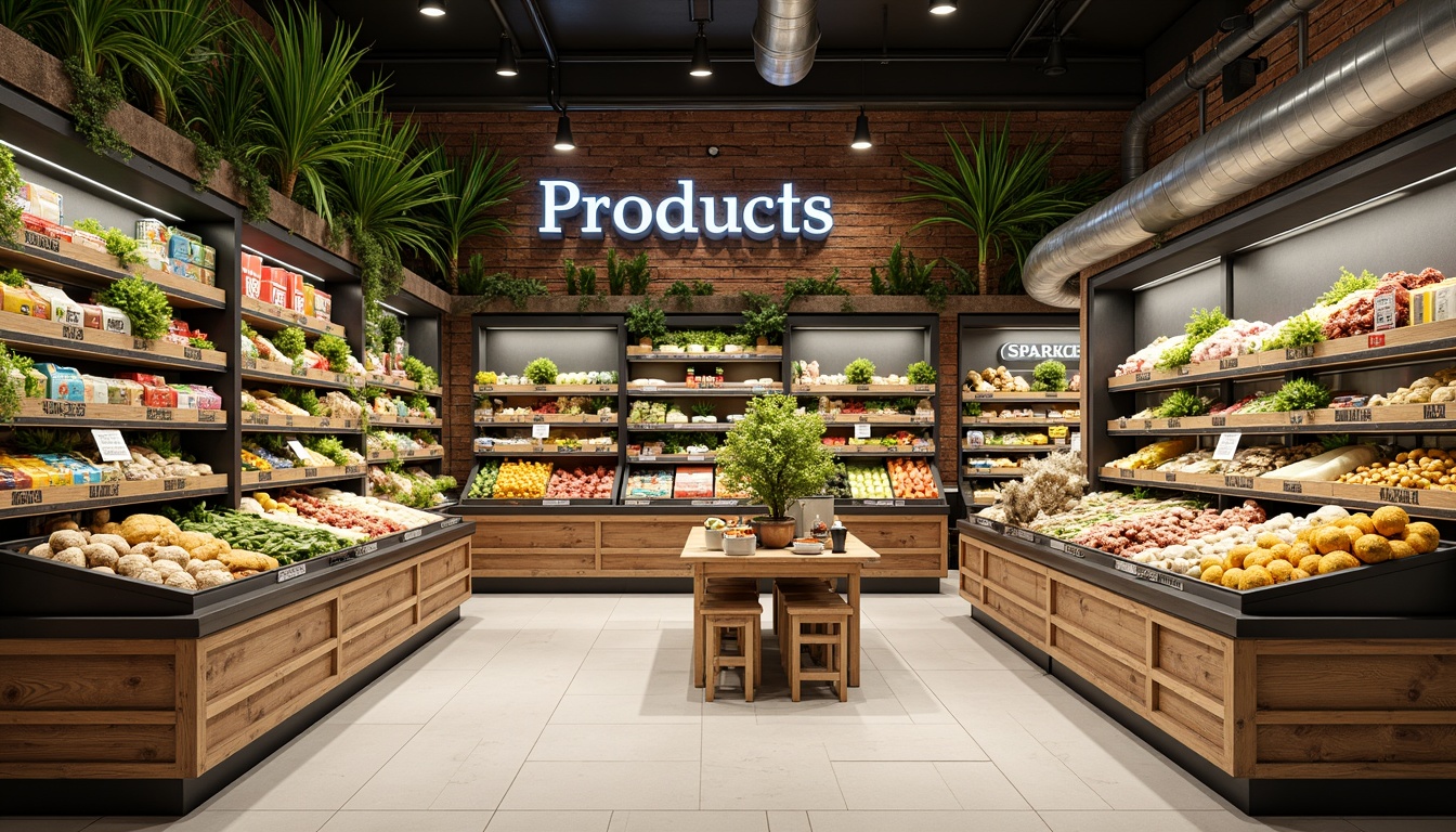 Prompt: Vibrant produce stands, fresh greenery, warm earthy tones, natural wood accents, modern metal shelving, bright colorful packaging, playful typography, clean white surfaces, industrial chic lighting, rustic wooden crates, appetizing food displays, bustling shopping atmosphere, shallow depth of field, 1/1 composition, realistic textures, ambient occlusion.