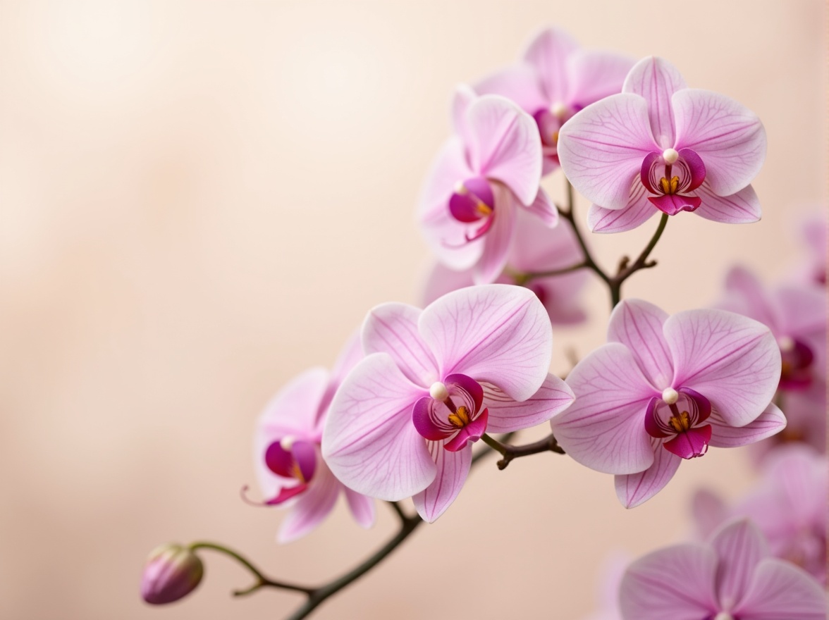 Prompt: Luminous orchid hues, soft pastel shades, delicate petal textures, subtle gradient transitions, warm beige backgrounds, creamy whites, rich berry accents, velvety matte finishes, elegant typography, sophisticated modern design, refined minimalist aesthetic, gentle natural light, shallow depth of field, 1/2 composition, intimate portrait view, realistic soft focus, ambient occlusion.