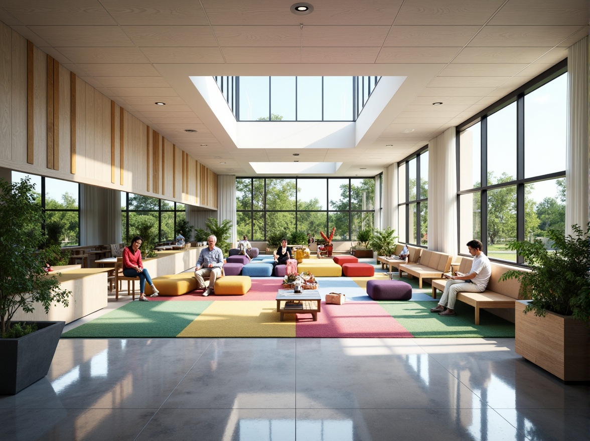 Prompt: Bright classrooms, large windows, transparent glass walls, minimal obstructions, reflective surfaces, polished floors, clerestory windows, skylights, open floor plans, collaborative learning areas, flexible seating arrangements, vibrant colorful accents, natural wood tones, textured carpets, green walls, living plants, indirect soft lighting, warm color temperatures, 1/1 composition, high ceilings, minimal shading devices, optimized window orientation.