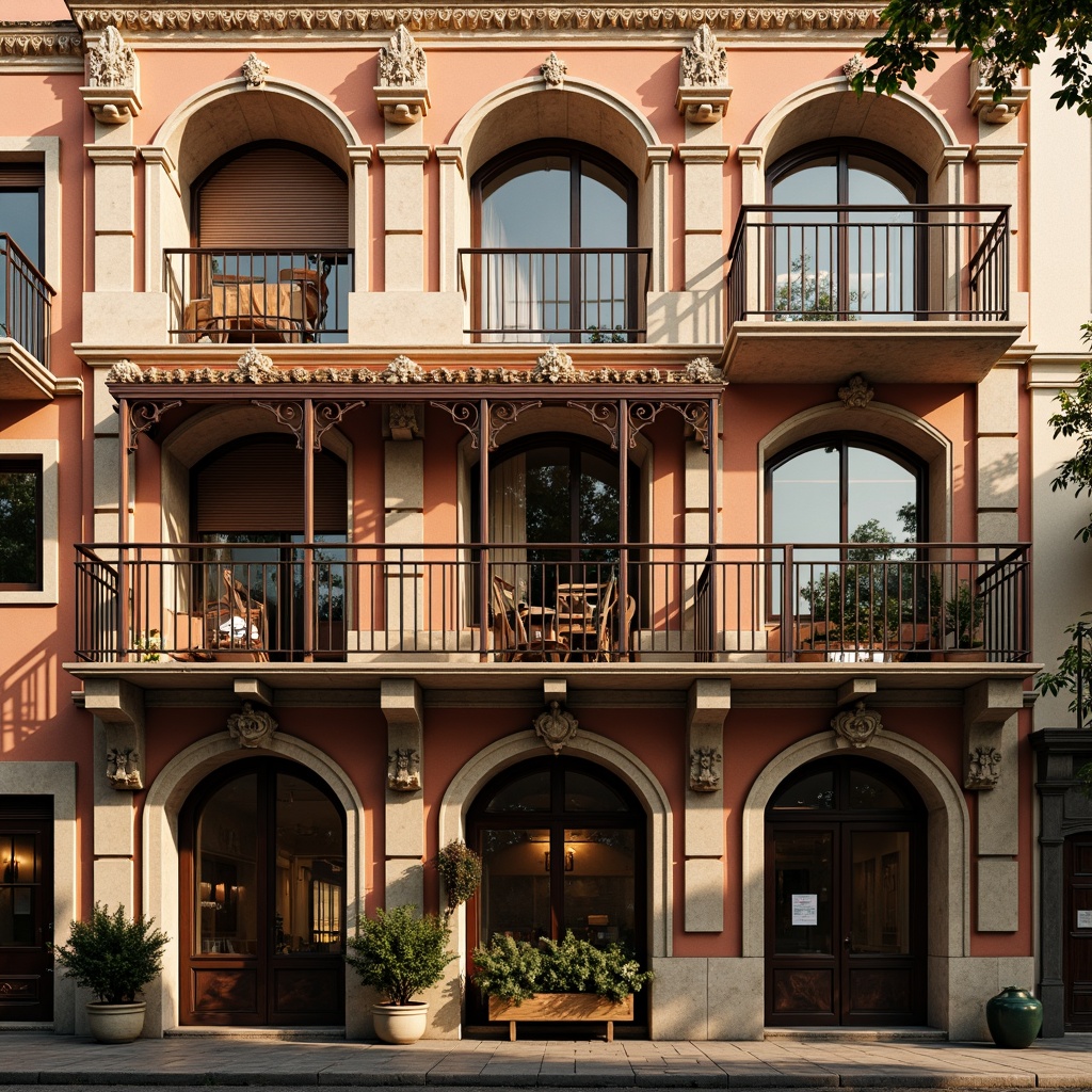 Prompt: Renaissance-style hostel facade, ornate stone carvings, grand archways, rusticated quoins, symmetrical composition, richly colored stucco, decorative cornices, ornamental metalwork, balconies with iron railings, wooden shutters, stained glass windows, warm golden lighting, subtle texture details, shallow depth of field, 1/2 composition, realistic materials, ambient occlusion.