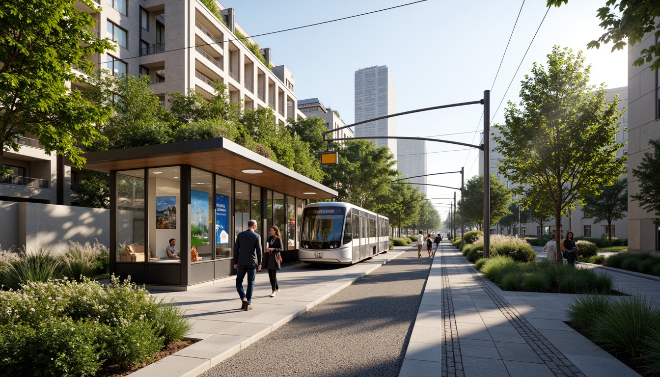 Prompt: Eco-friendly tram station, green roofs, lush vegetation, native plants, rainwater harvesting systems, permeable pavement, solar-powered lighting, energy-efficient signage, modern minimalist architecture, curved lines, transparent glass walls, natural stone flooring, wooden accents, vibrant urban art murals, bustling cityscape, morning sunlight, shallow depth of field, 1/1 composition, realistic textures, ambient occlusion.