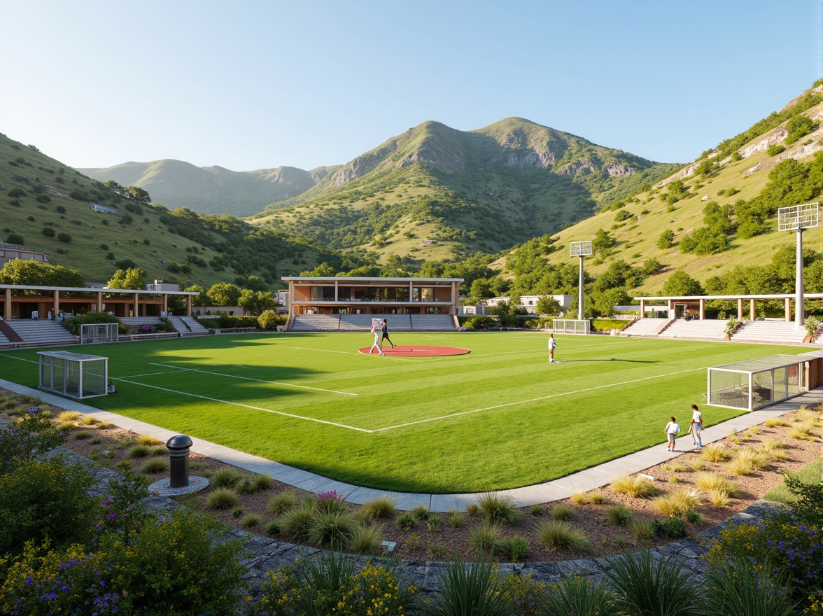 Prompt: Naturalistic sports field, rolling hills, lush green grass, wildflower meadows, wooden bleachers, steel goalposts, athletic tracks, soccer fields, tennis courts, basketball hoops, vibrant colorful accents, eco-friendly materials, rainwater harvesting systems, permeable pavers, native plant species, organic shapes, curvilinear lines, modern minimalist architecture, large overhangs, cantilevered roofs, clerestory windows, natural ventilation systems, soft warm lighting, 1/1 composition, shallow depth of field, realistic textures.