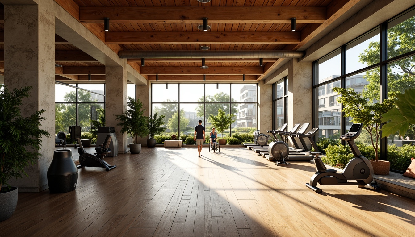 Prompt: Vibrant fitness club, high ceilings, wooden floors, modern equipment, free weights, treadmills, exercise bikes, mirrors, natural stone walls, large windows, glass doors, abundant greenery, lush plants, warm sunny day, soft diffused lighting, shallow depth of field, 3/4 composition, panoramic view, realistic textures, ambient occlusion.