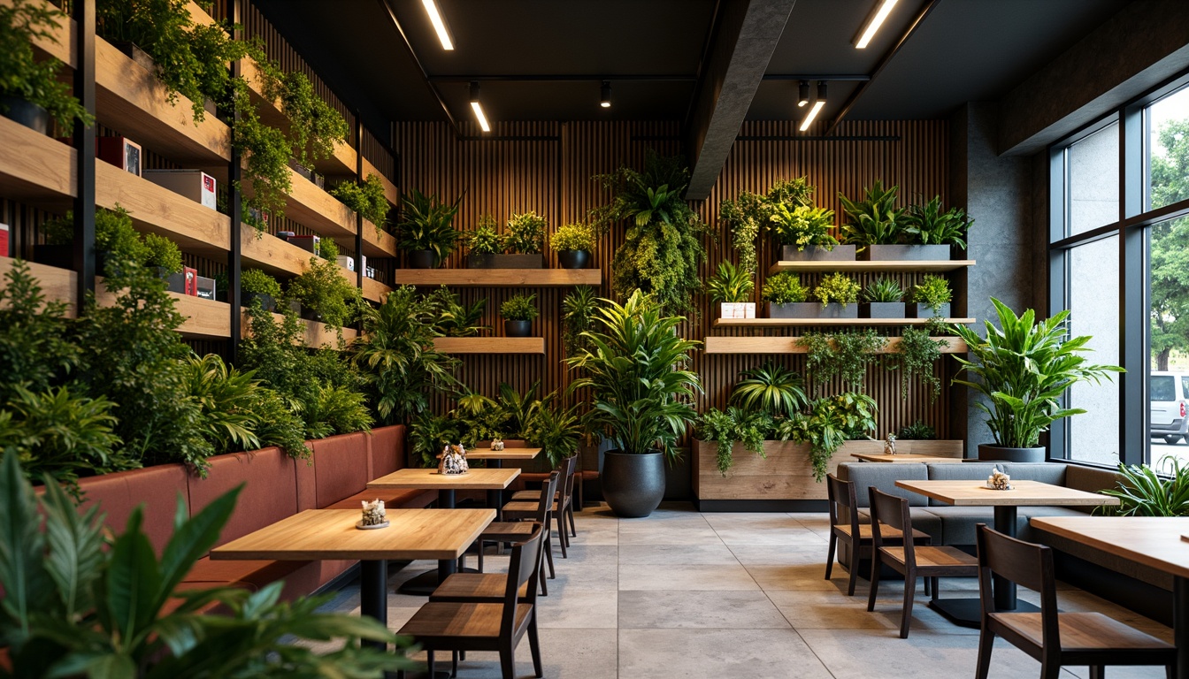 Prompt: Urban coffee shop, industrial chic decor, reclaimed wood accents, metal planters, lush green walls, tropical plants, natural stone floors, modern minimalist furniture, cozy nooks, warm ambient lighting, shallow depth of field, 1/1 composition, soft focus, vibrant colors, abstract textures, subtle animations.