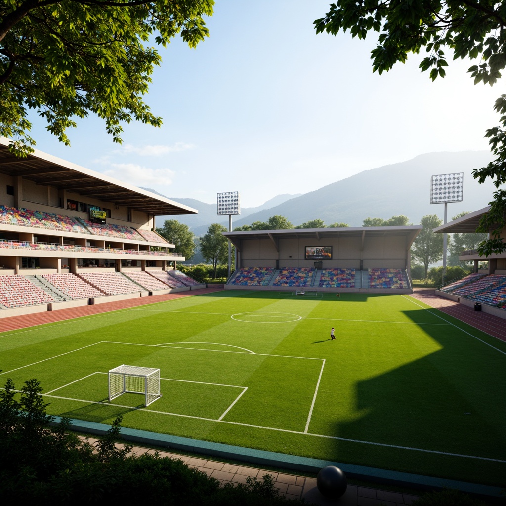 Prompt: Lush green turf, stadium seating, athletic track lanes, sports field lighting, goalposts, soccer balls, vibrant team colors, modern architecture, curved lines, minimalist design, sustainable drainage systems, rainwater harvesting, eco-friendly materials, natural ventilation, shaded spectator areas, misting systems, soft warm lighting, shallow depth of field, 3/4 composition, panoramic view, realistic textures, ambient occlusion.