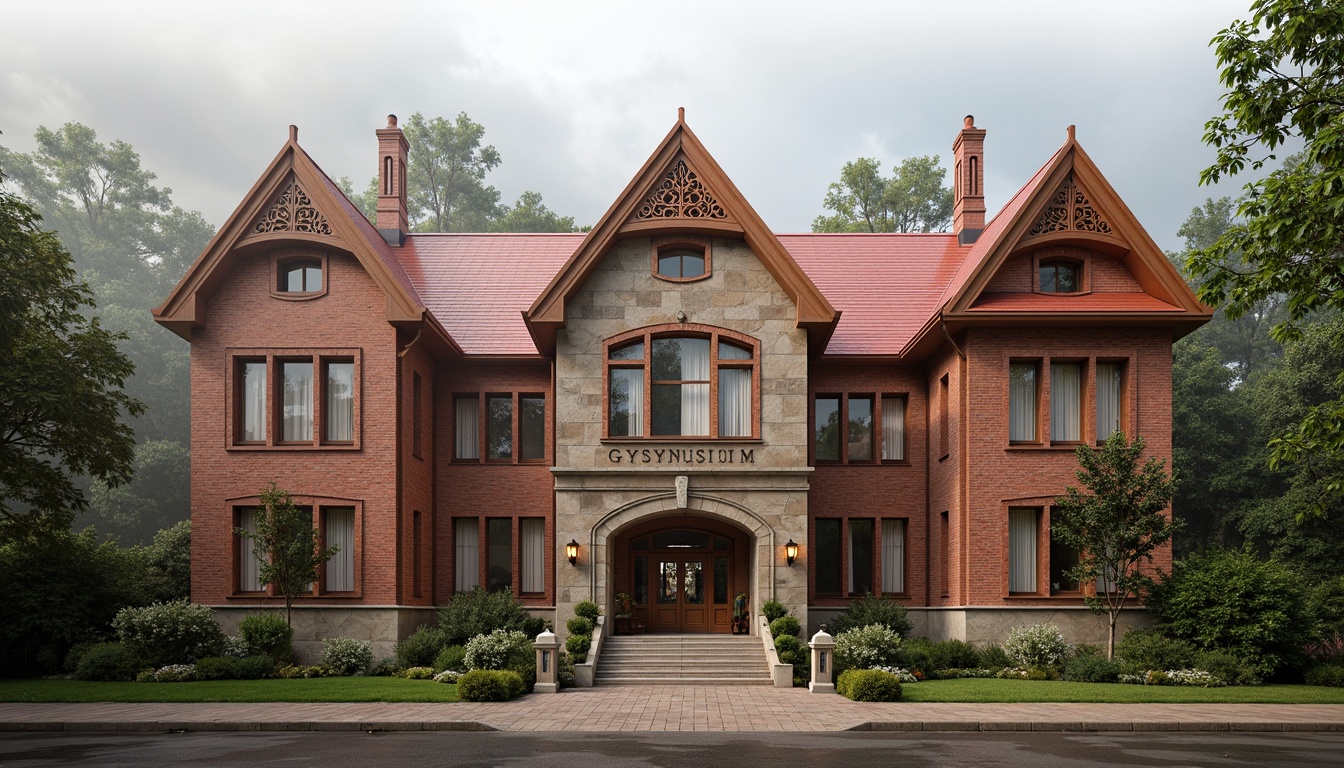 Prompt: Rustic gymnasium facade, regionalism-inspired architecture, earthy tone brick walls, ornate stone carvings, arched windows, steeply pitched roofs, decorative turrets, bold color accents, traditional European influences, rustic wooden doors, ironwork details, lush greenery surroundings, misty morning atmosphere, soft warm lighting, shallow depth of field, 2/3 composition, realistic textures, ambient occlusion.