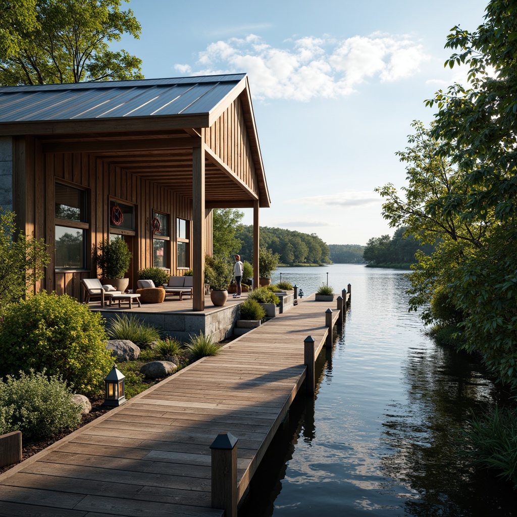 Prompt: Waterfront boathouse, open deck, wooden dock, serene lake views, lush greenery, natural stone walls, rustic metal roofs, nautical themed decorations, fishing nets, life rings, lanterns, warm cozy lighting, shallow depth of field, 3/4 composition, panoramic view, realistic water textures, ambient occlusion, sunny day, soft warm breeze.