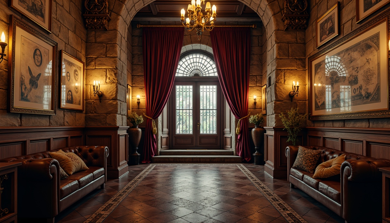 Prompt: Rustic stone walls, ornate metal gates, worn wooden doors, distressed leather furniture, vintage currency displays, rich velvet drapes, antique bronze fixtures, elaborate gold accents, intricate mosaic patterns, warm candlelighting, shallow depth of field, 1/2 composition, atmospheric perspective, cinematic color grading, dramatic shadows, realistic normal mapping.