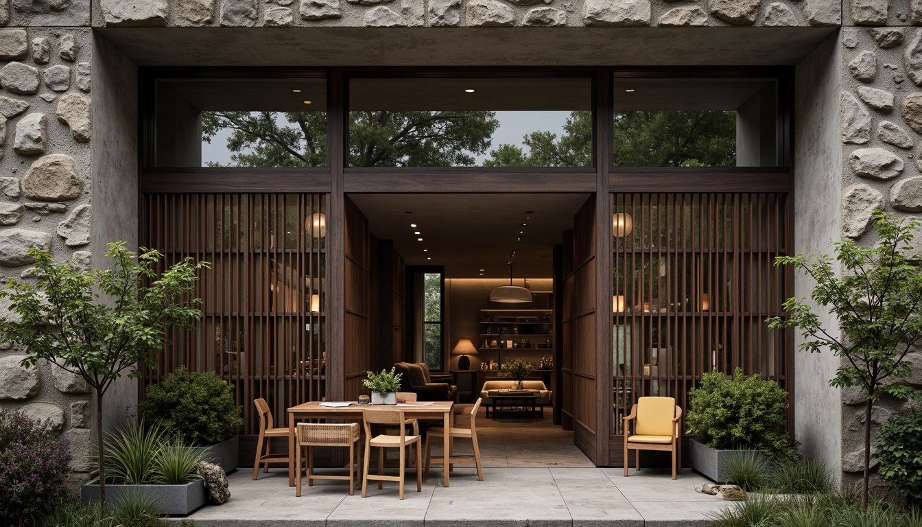 Prompt: Rough stone walls, wooden planks, metallic grids, glass facades, concrete structures, Brutalist architecture, industrial chic aesthetic, exposed ductwork, reclaimed wood accents, distressed finishes, earthy tones, natural materials, organic forms, intricate patterns, geometric textures, moody lighting, dramatic shadows, cinematic composition, shallow depth of field.