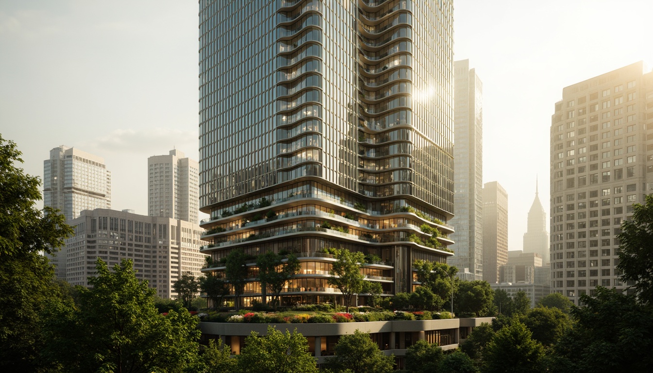 Prompt: Futuristic skyscraper, biomimetic facade, iridescent glass panels, undulating curves, organic shapes, living walls, green roofs, solar panels, wind turbines, water harvesting systems, eco-friendly materials, advanced climate control, misting systems, urban jungle, vibrant cityscape, morning fog, warm golden lighting, shallow depth of field, 1/1 composition, symmetrical frame, realistic reflections.