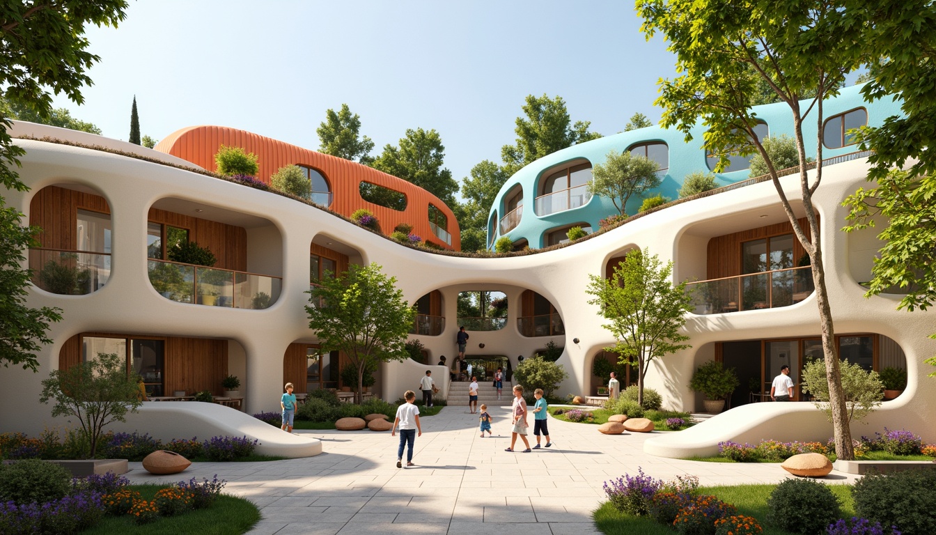 Prompt: Whimsical kindergarten building, organic blob shapes, soft curved lines, vibrant color scheme, natural wood accents, playful textures, irregular forms, flowing archways, cozy nooks, educational signage, interactive play areas, sensory stimulation zones, nature-inspired decor, leafy green walls, blooming flower planters, sunny day, warm soft lighting, shallow depth of field, 1/1 composition, intimate scale, realistic materials, ambient occlusion.