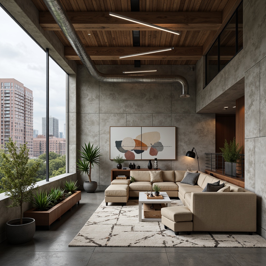 Prompt: Plastered concrete walls, rustic textures, earthy tones, modern industrial architecture, urban cityscape, cloudy sky, natural light, shallow depth of field, 3/4 composition, realistic render, ambient occlusion, rough-hewn wooden accents, metal beams, exposed ductwork, functional lighting fixtures, minimalist decor, eclectic art pieces.