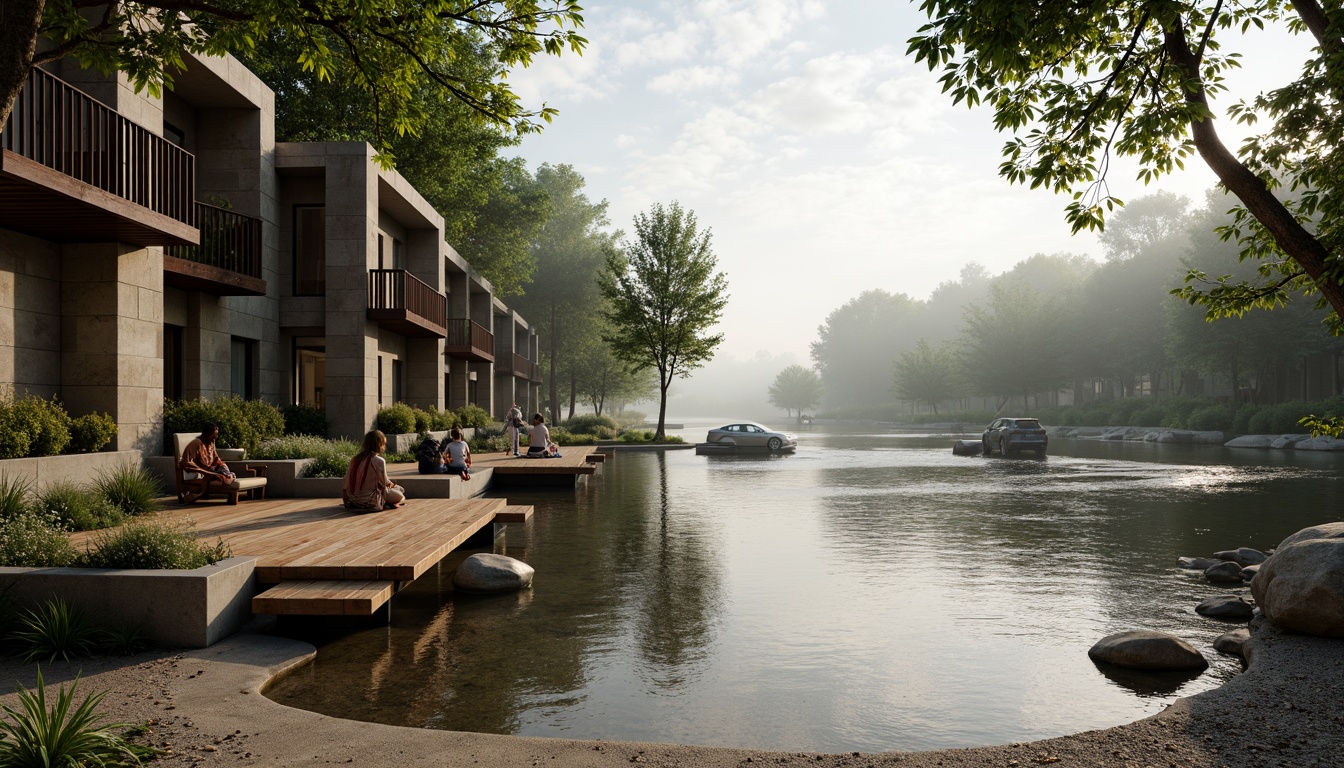 Prompt: Riverbank architecture, natural stone walls, wooden docks, rusty metal railings, weathered wood planks, sandy riverbeds, smooth pebbles, misty atmosphere, soft morning light, shallow depth of field, 1/1 composition, panoramic view, realistic water textures, ambient occlusion, lush greenery, overhanging trees, tranquil river flows, subtle reflections.