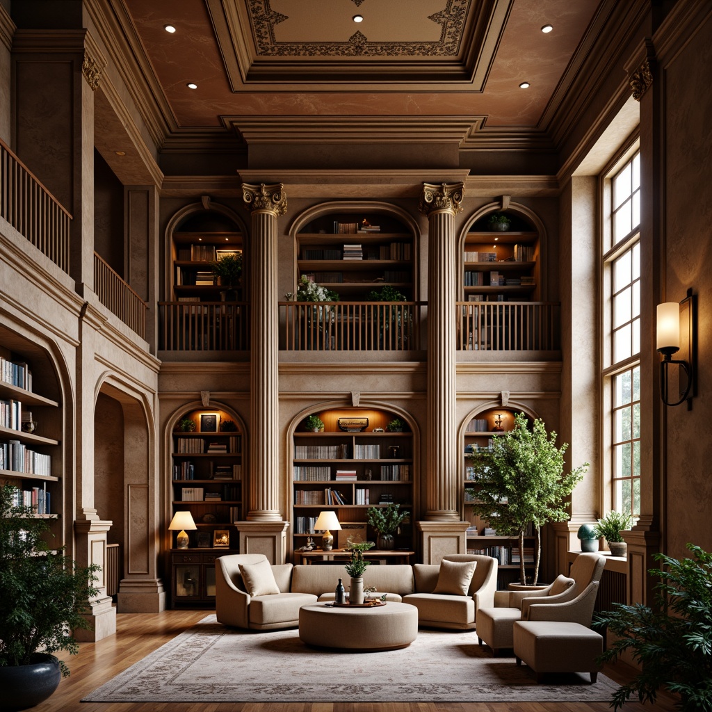 Prompt: Elegant neoclassical library, rich wood paneling, ornate moldings, gilded accents, marble columns, soft warm lighting, high ceilings, spacious reading areas, comfortable seating, classic bookshelves, leather-bound tomes, subtle earthy tones, muted golds, creamy whites, deep blues, warm beiges, sophisticated color harmony, balanced composition, realistic textures, ambient occlusion.