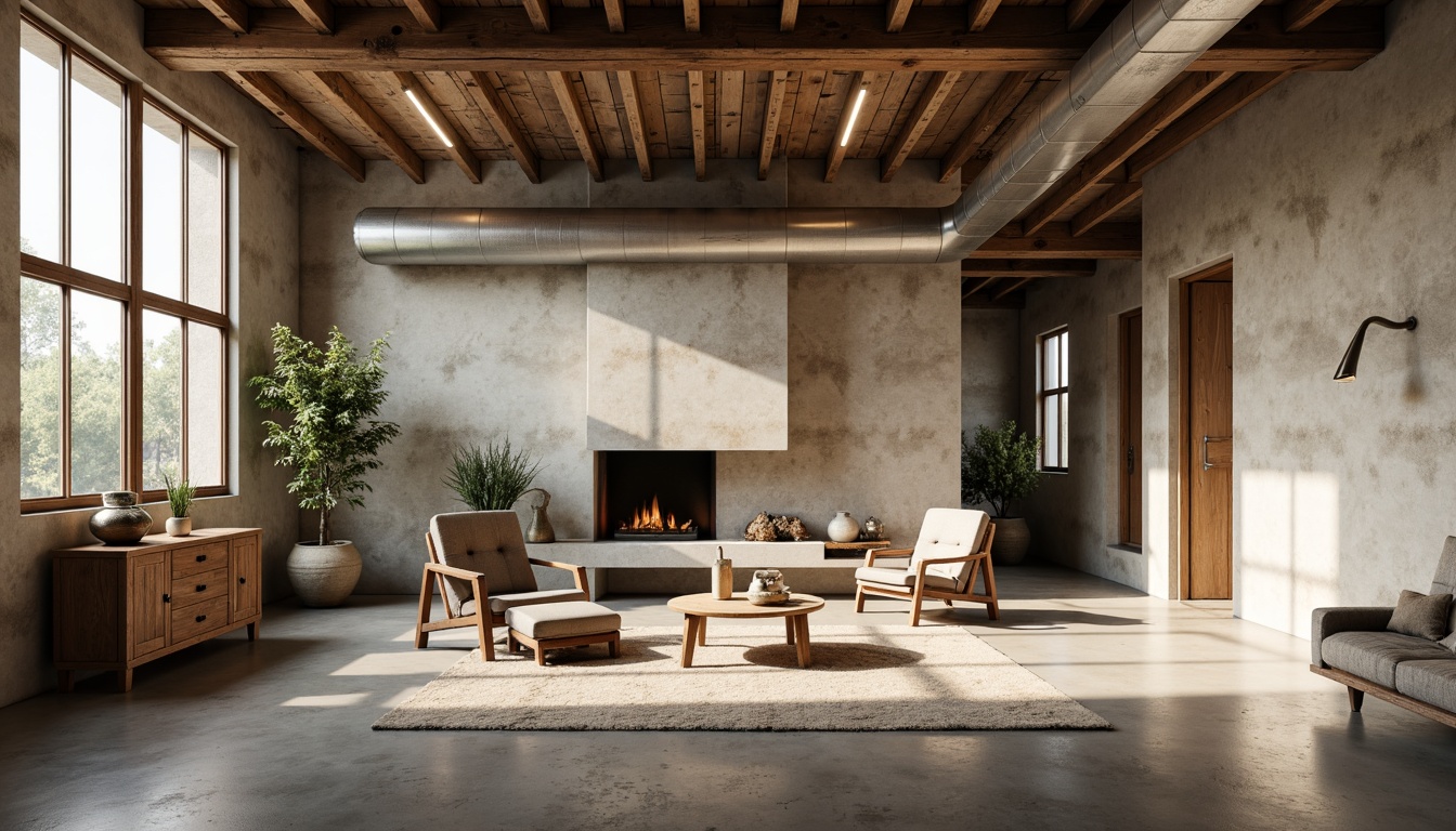 Prompt: Rustic concrete walls, plastered finishes, earthy color palette, natural textures, rough-hewn stones, modern minimalist architecture, industrial-chic aesthetic, urban loft atmosphere, exposed ductwork, metal beams, reclaimed wood accents, warm soft lighting, shallow depth of field, 1/1 composition, realistic renderings, ambient occlusion.