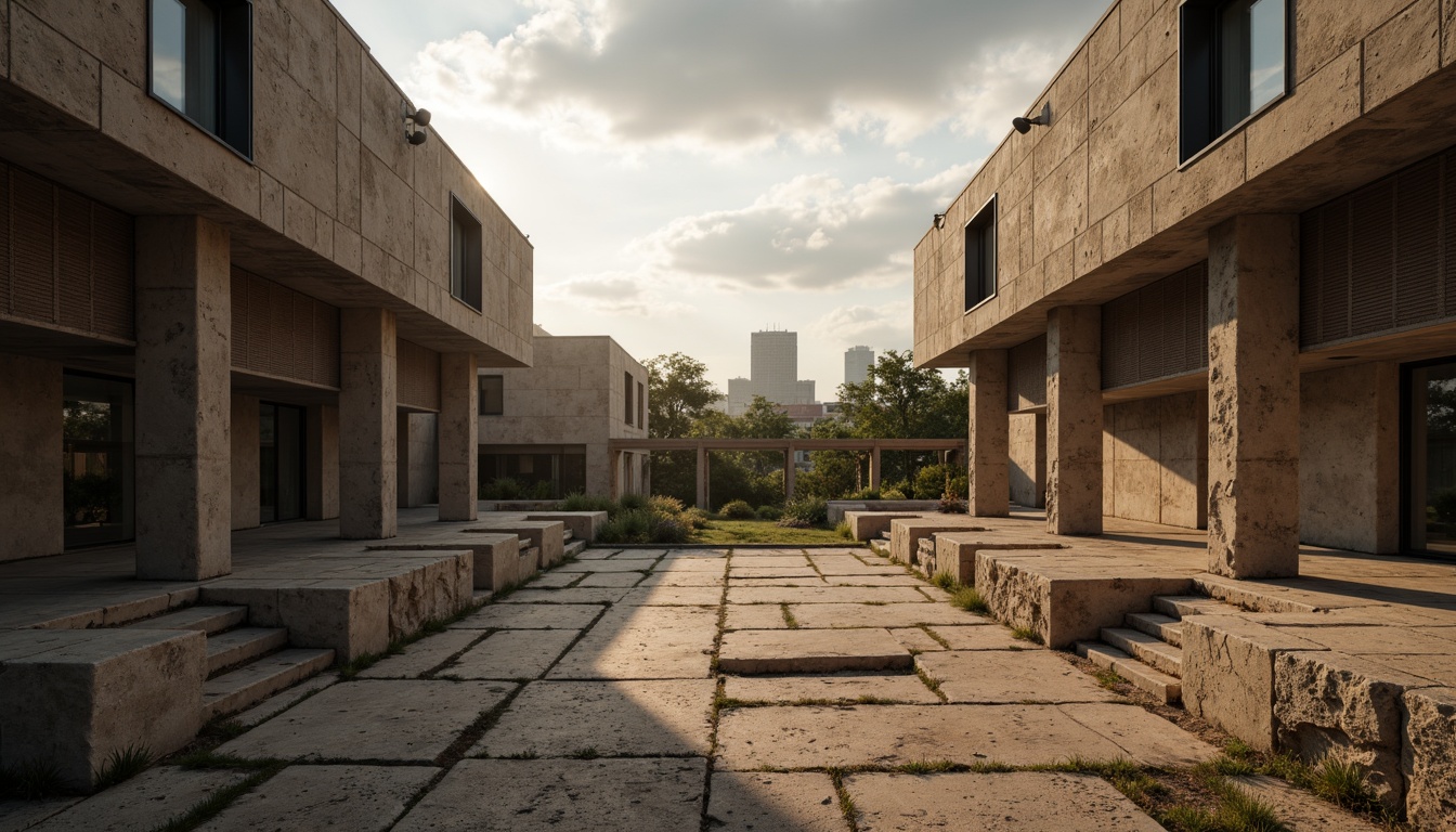 Prompt: Rugged amphitheater, brutalist architecture, raw concrete walls, exposed ductwork, industrial metal beams, dramatic natural lighting, warm sunbeams, soft shadows, open-air performance space, tiered seating areas, urban landscape views, modern cityscape backdrop, cloudy sky, subtle warm colors, rough textures, 1/1 composition, low-angle shot, cinematic lighting, atmospheric haze.