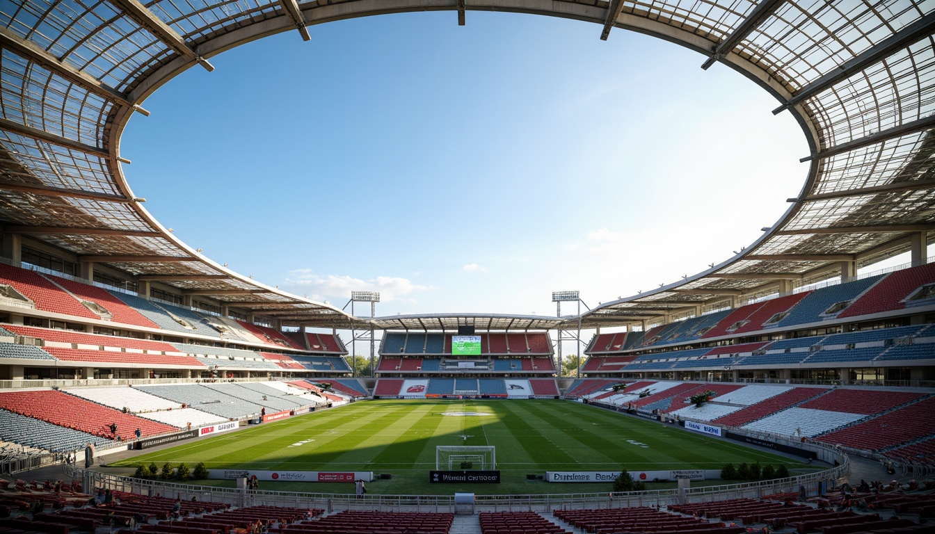 Prompt: Sleek football stadium, lightweight metal beams, cantilevered roof structures, transparent polycarbonate panels, open-air concourses, tiered seating areas, vibrant team colors, dynamic LED lighting, sunny afternoon, soft natural light, shallow depth of field, 3/4 composition, panoramic view, realistic textures, ambient occlusion.