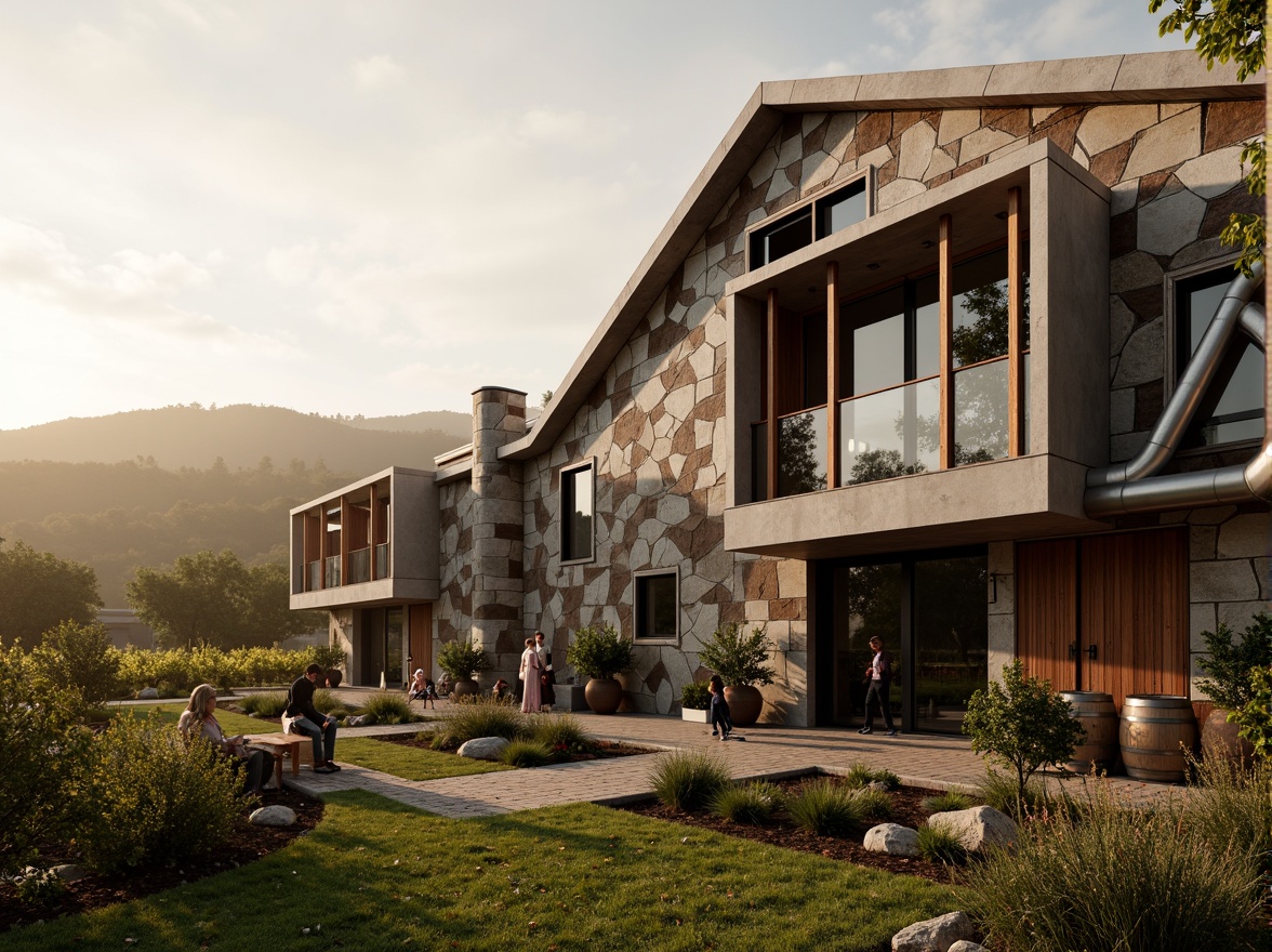 Prompt: Rustic winery facade, deconstructivist architecture, fragmented stone walls, irregular metal cladding, abstract glass panels, asymmetrical rooflines, industrial pipes, distressed wood accents, vintage wine barrels, lush vineyard surroundings, rolling hills, misty morning atmosphere, warm golden lighting, dramatic shadows, high contrast, 1/1 composition, close-up shot, realistic textures, ambient occlusion.Let me know if this meets your requirements!