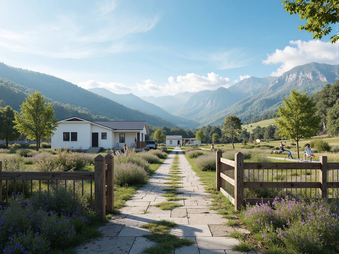 Prompt: Soft powder blue hues, calming atmosphere, serene landscape, gentle rolling hills, wispy white clouds, clear blue skies, rustic wooden fences, vintage metal gates, distressed stone pathways, charming cottage buildings, cozy porch swings, blooming wildflowers, warm natural lighting, shallow depth of field, 1/1 composition, intimate close-up shots, realistic textures, ambient occlusion.