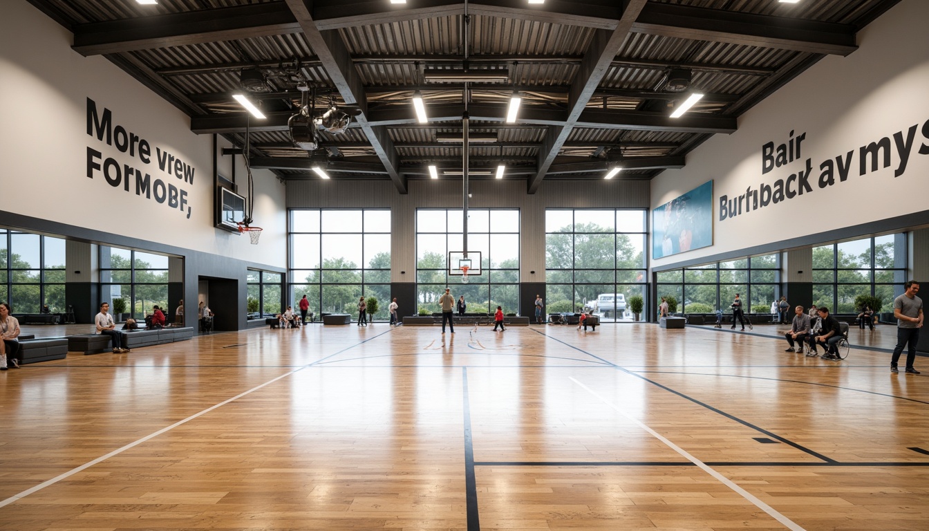 Prompt: Modern gymnasium interior, polished wooden floors, mirrored walls, professional sports equipment, basketball hoops, tennis courts, athletic tracks, motivational quotes, natural light influx, sleek steel beams, minimalist design, functional layout, rubberized flooring, sound-absorbing panels, LED lighting systems, comfortable seating areas, refreshment stations, modern ventilation systems, eco-friendly materials, sustainable building practices, bright color schemes, dynamic architectural features, panoramic views, realistic textures, ambient occlusion.