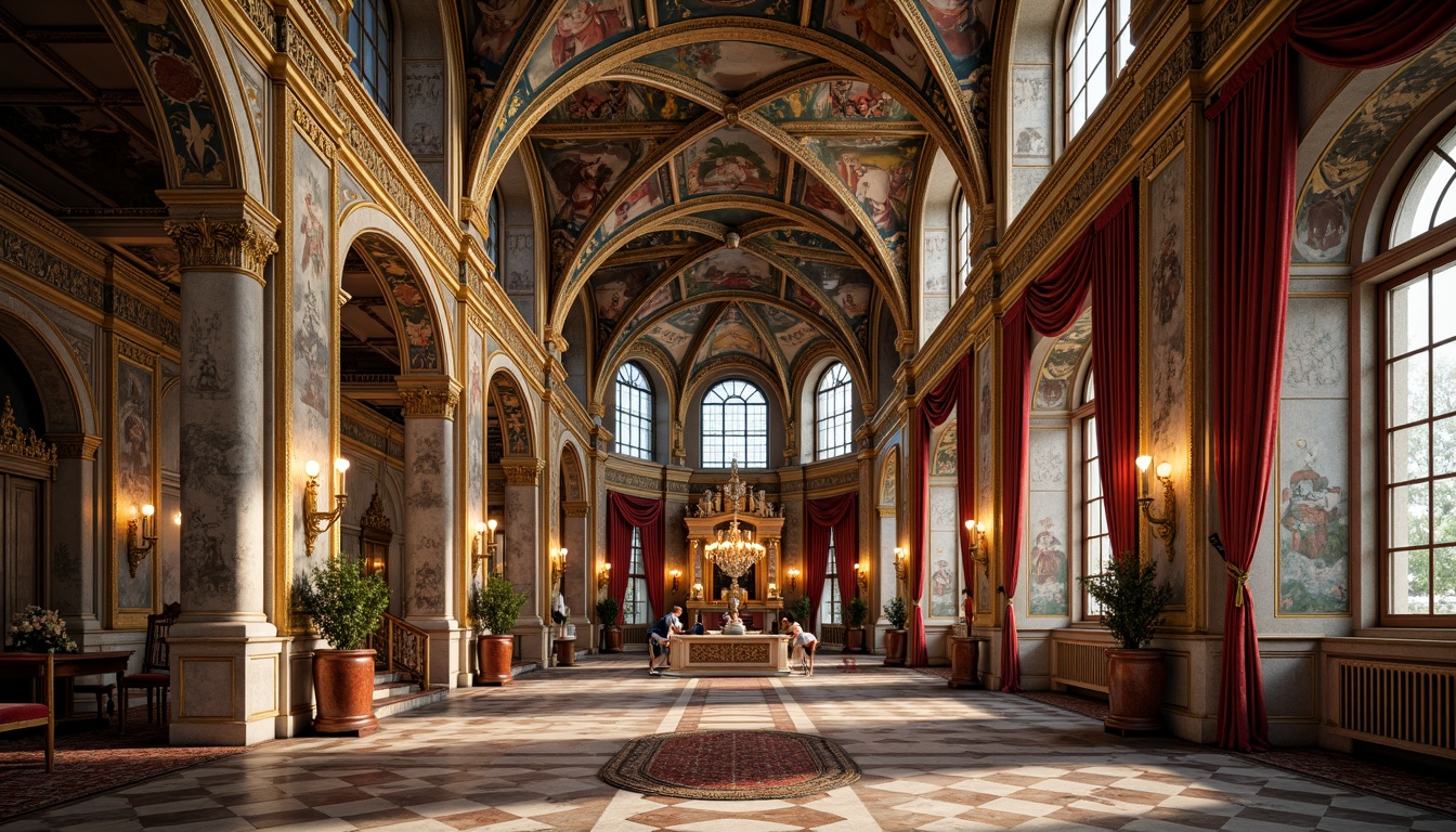 Prompt: Intricate mosaics, golden ornaments, rich jewel tones, ornate arches, lavish frescoes, grand domed structures, opulent marble floors, vibrant apse decorations, intricate stone carvings, ornamental columns, luxurious velvet drapes, majestic stained glass windows, warm candlelight, shallow depth of field, 1/1 composition, realistic textures, ambient occlusion.