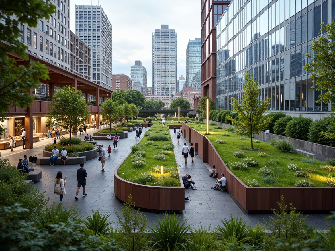 Prompt: Vibrant green roofs, lush vegetation, natural stone walls, curved modern architecture, large glass windows, sliding doors, industrial metal beams, urban cityscape, busy train platforms, rushing passengers, dynamic LED light installations, shallow depth of field, 1/2 composition, panoramic view, realistic textures, ambient occlusion.