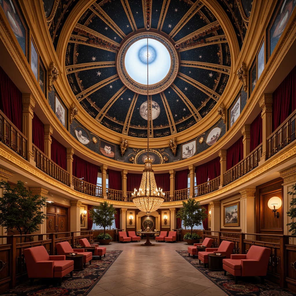 Prompt: Richly ornamented planetarium dome, lavish chandeliers, intricate frescoes, ornate wooden panels, velvet drapes, luxurious seating areas, crescent-shaped bars, gilded accents, astronomical instruments, ancient globes, starry night sky projections, soft golden lighting, warm ambiance, shallow depth of field, 1/1 composition, symmetrical layout, realistic textures, ambient occlusion.