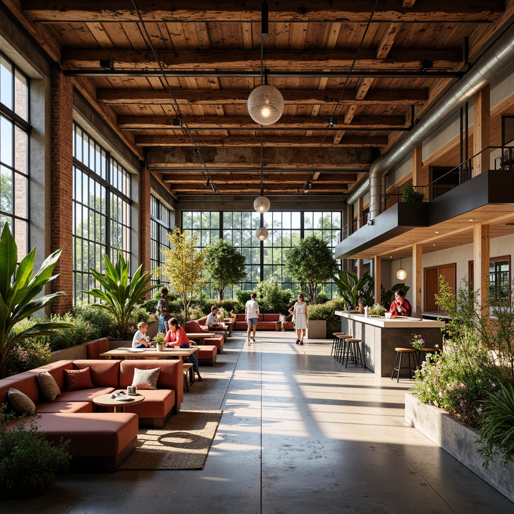 Prompt: Vibrant community center, exposed brick walls, polished concrete floors, reclaimed wood accents, industrial metal beams, cozy plush furniture, natural stone countertops, earthy tone color palette, abundant greenery, lively urban atmosphere, warm soft lighting, shallow depth of field, 1/2 composition, realistic textures, ambient occlusion.