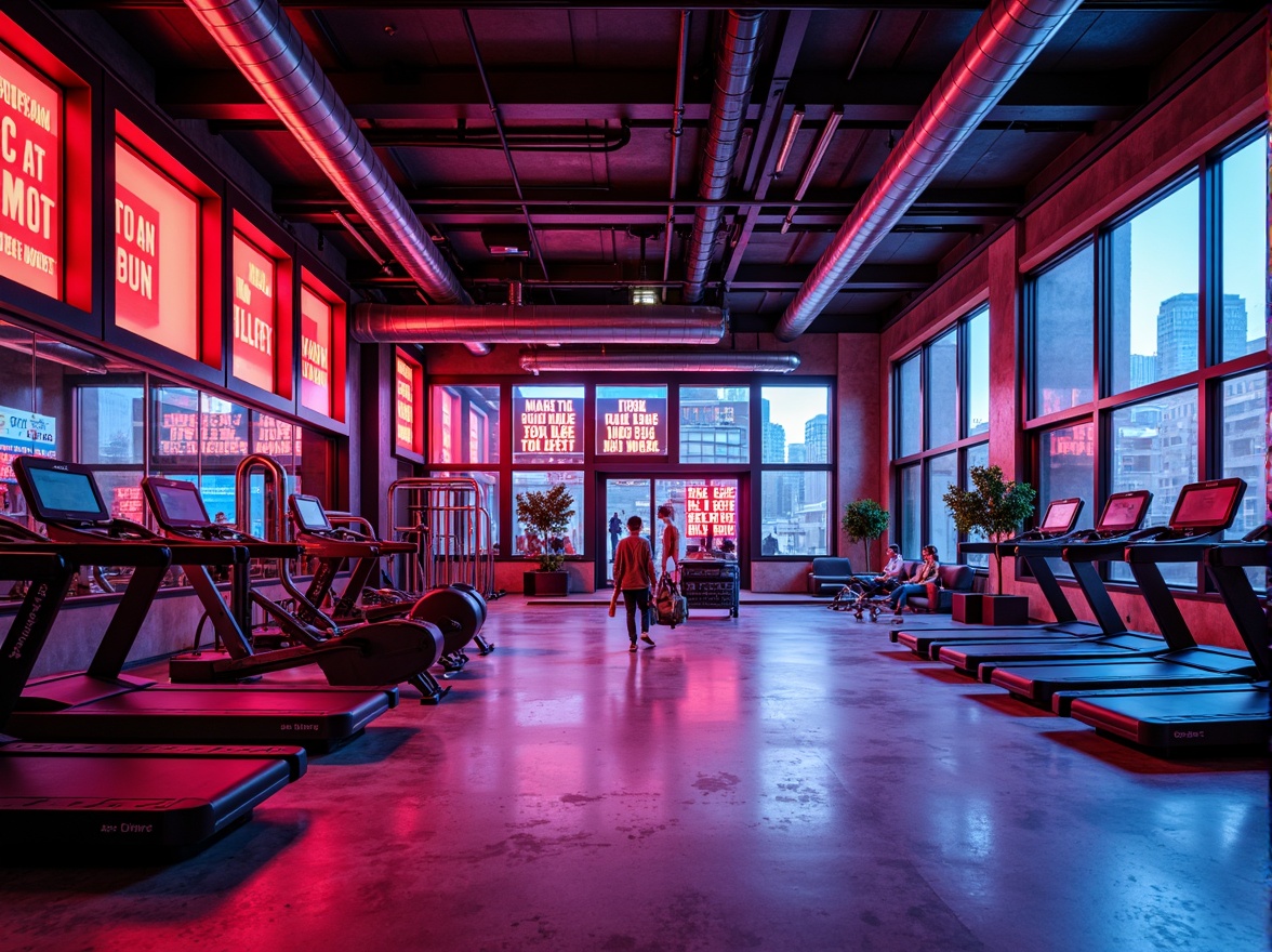 Prompt: Vibrant fitness center, energetic atmosphere, bold color scheme, neon lights, industrial metal beams, polished concrete floors, motivational quotes, modern exercise equipment, sleek mirrored walls, high ceilings, natural light, urban loft feel, contrasting textures, dynamic patterns, stimulating hues, invigorating ambiance, warm lighting, shallow depth of field, 1/2 composition, realistic reflections, ambient occlusion.