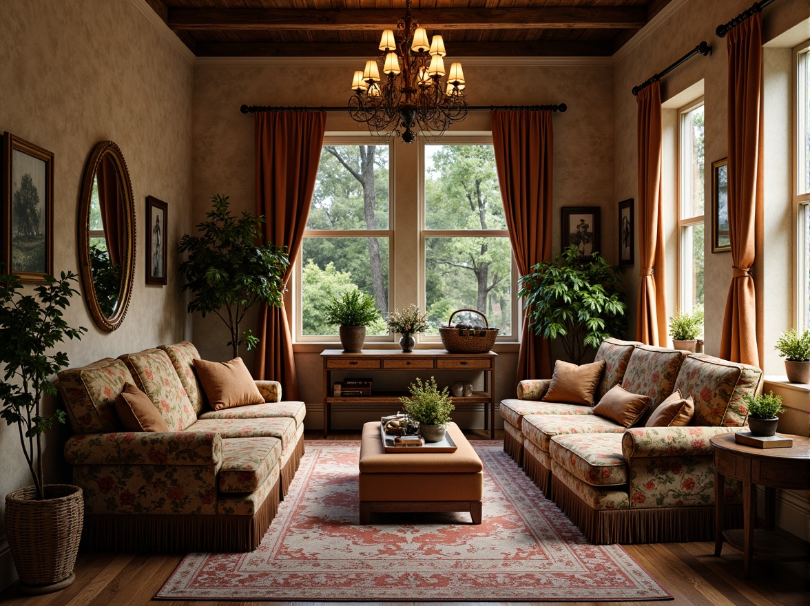 Prompt: Cozy social housing, soft warm lighting, rustic wooden accents, plush velvet fabrics, ornate floral patterns, rich brocade textiles, distressed leather upholstery, vintage decorative trims, earthy tone color palette, natural stone walls, exposed brick details, grandiose chandeliers, opulent drapery, lush greenery, whimsical furniture designs, eclectic mix of antique and modern pieces, warm beige tones, inviting atmospheres, 1/1 composition, shallow depth of field, realistic textures, ambient occlusion.