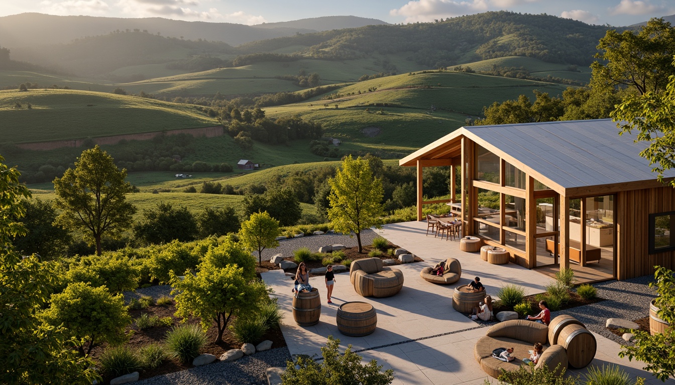 Prompt: Vineyard landscape, rolling hills, lush green vines, rustic wooden barrels, modern winery architecture, transparent glass fa\u00e7ades, minimalist steel frames, industrial chic interiors, polished concrete floors, exposed ductwork, natural stone walls, reclaimed wood accents, warm ambient lighting, soft focus blur, shallow depth of field, 1/2 composition, panoramic view, realistic reflections, subtle color grading.