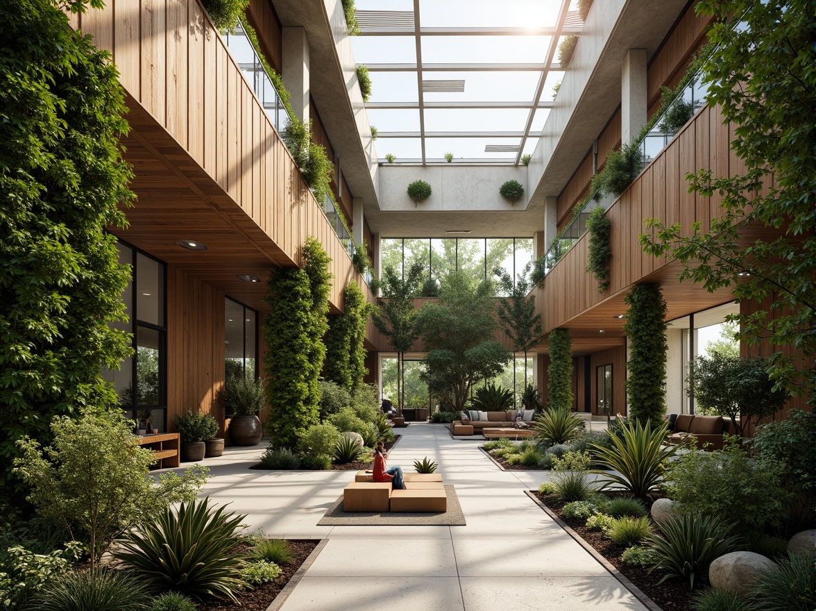 Prompt: Breezy atrium, lush green walls, natural light filtering, warm wood accents, minimalist decor, open floor plan, large windows, clerestory windows, solar tubes, automated shading systems, cross ventilation, stack effect, wind catchers, thermal mass, high ceilings, exposed ductwork, industrial chic aesthetic, earthy color palette, abundant foliage, organic textures, soft diffused lighting, 1/1 composition, shallow depth of field, realistic rendering.