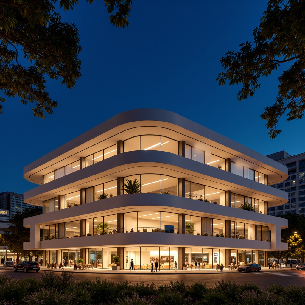 Prompt: Streamlined concert house facade, modernist architecture, curved lines, minimal ornamentation, white stucco walls, large glass windows, sliding doors, cantilevered balconies, flat roofs, asymmetrical composition, dramatic nighttime lighting, warm golden illumination, shallow depth of field, 2/3 composition, panoramic view, realistic textures, ambient occlusion, urban cityscape, bustling streets, vibrant cultural atmosphere.