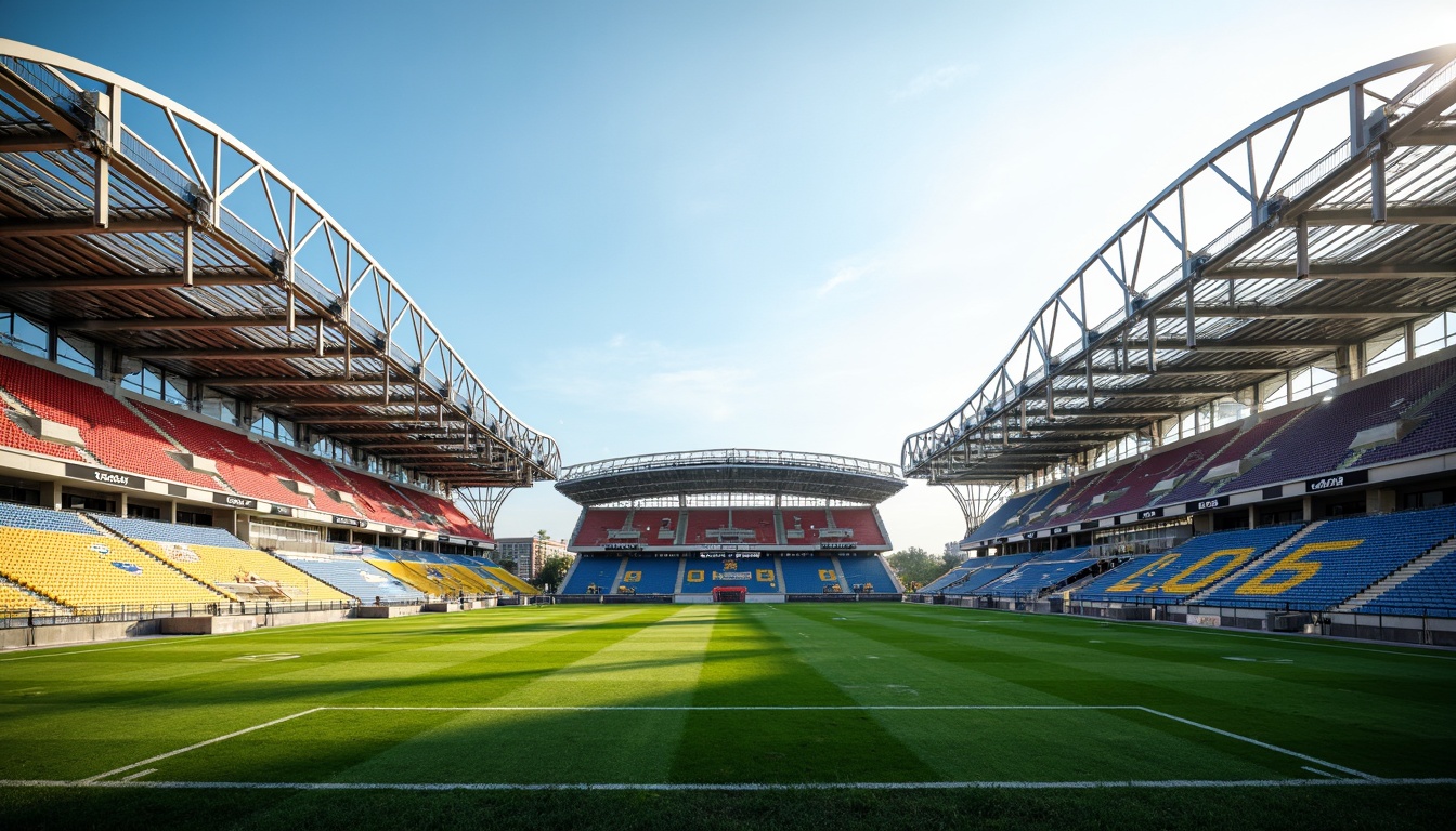 Prompt: Modern football stadium, curved steel beams, translucent roofing, cable-stayed design, open-air seating, sleek metal fa\u00e7ade, cantilevered upper tiers, reinforced concrete foundations, dynamic lighting systems, vibrant team colors, lush green grass, sunny afternoon, shallow depth of field, 3/4 composition, panoramic view, realistic textures, ambient occlusion.